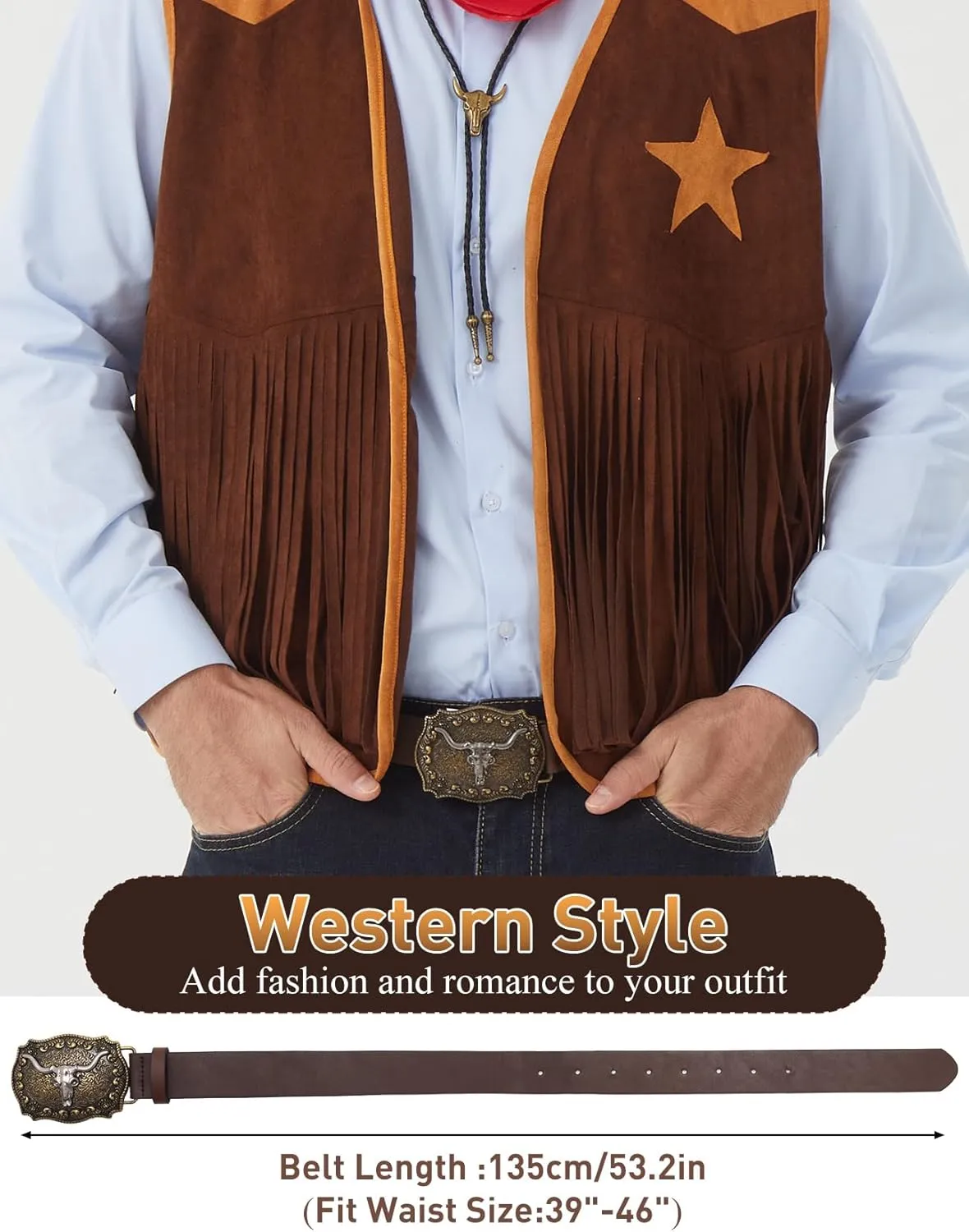 5 Pcs Cowboy Outfits for Men Western Cowboy Costume Vest Hat Necktie Buckle Belt Necklace for Halloween Cosplay