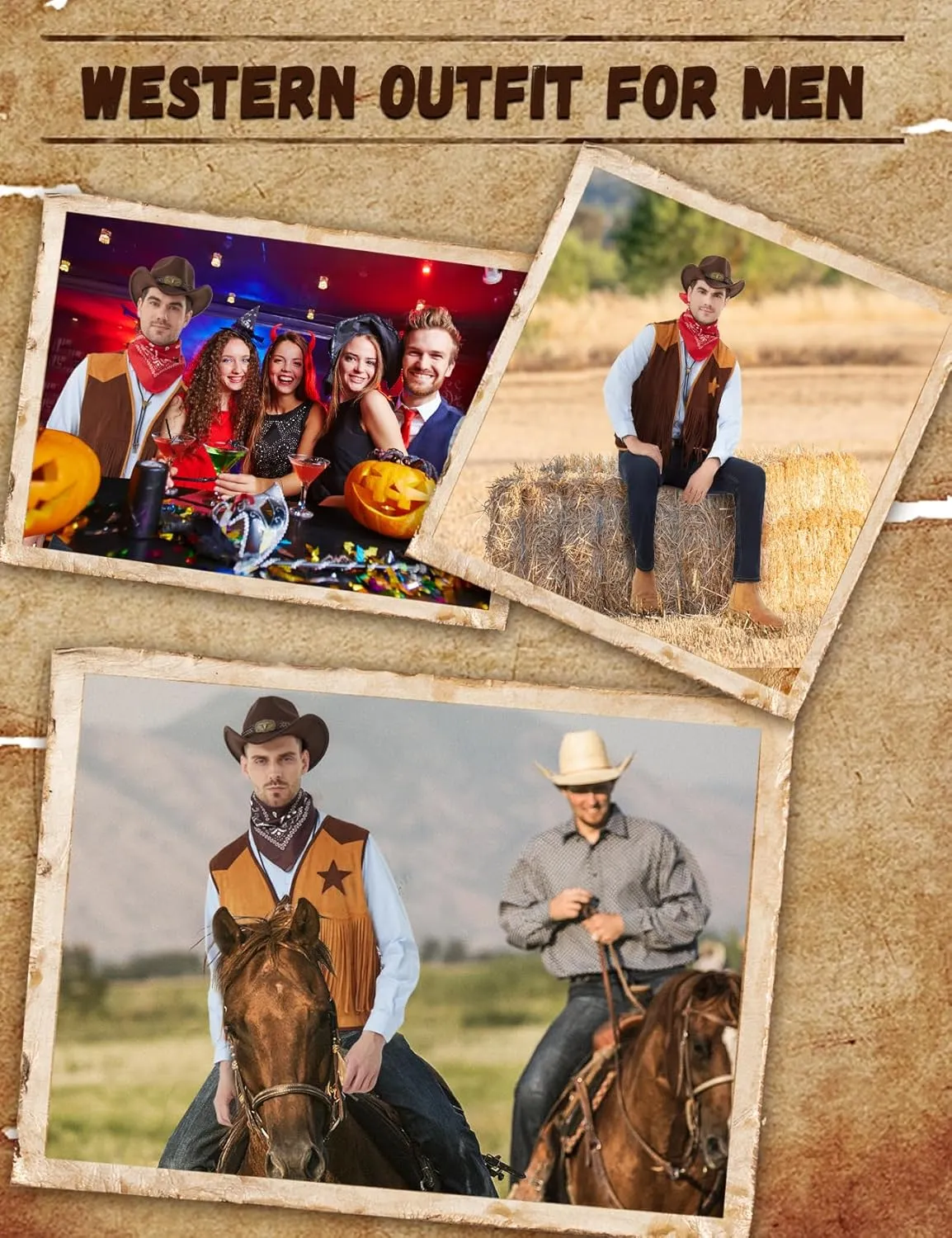 5 Pcs Cowboy Outfits for Men Western Cowboy Costume Vest Hat Necktie Buckle Belt Necklace for Halloween Cosplay