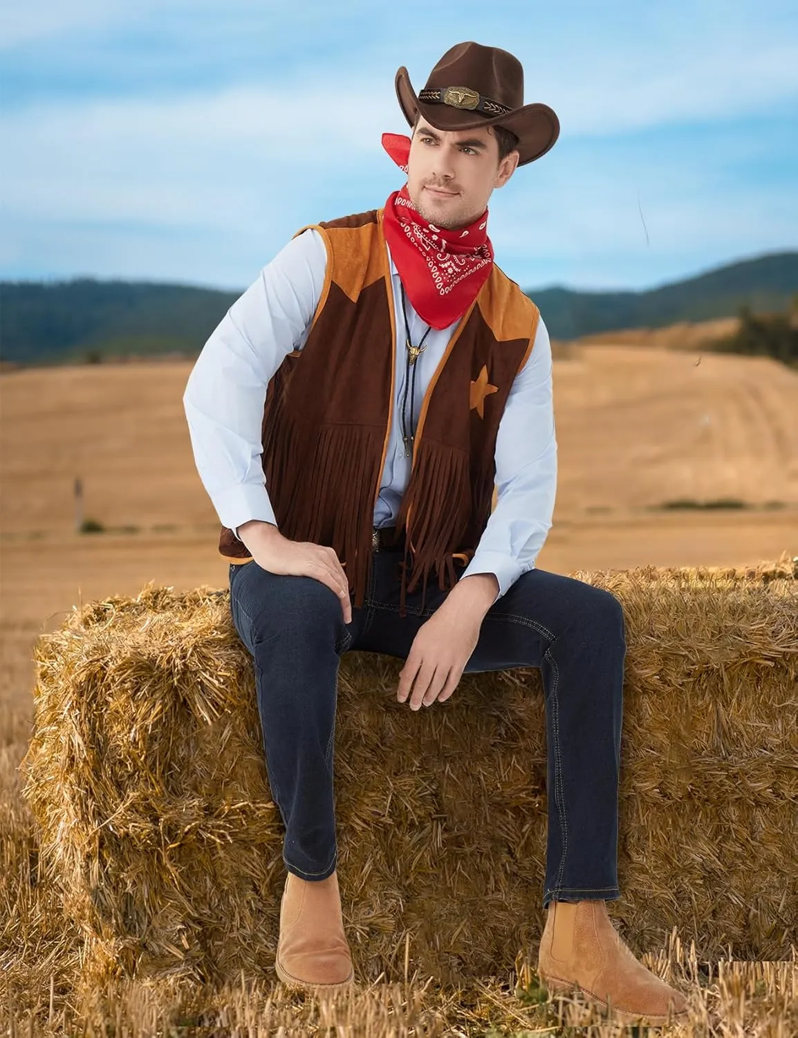 5 Pcs Cowboy Outfits for Men Western Cowboy Costume Vest Hat Necktie Buckle Belt Necklace for Halloween Cosplay