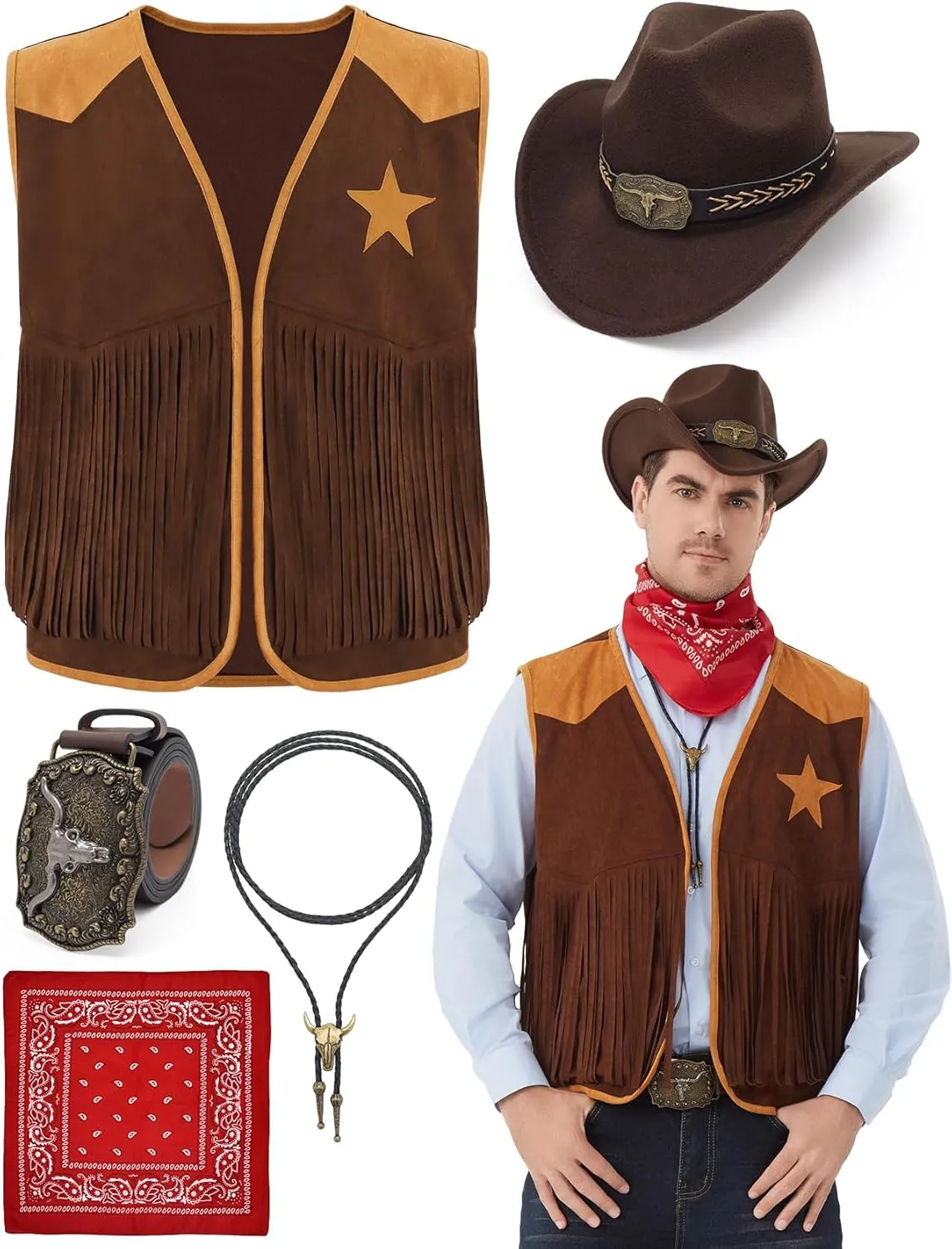 5 Pcs Cowboy Outfits for Men Western Cowboy Costume Vest Hat Necktie Buckle Belt Necklace for Halloween Cosplay
