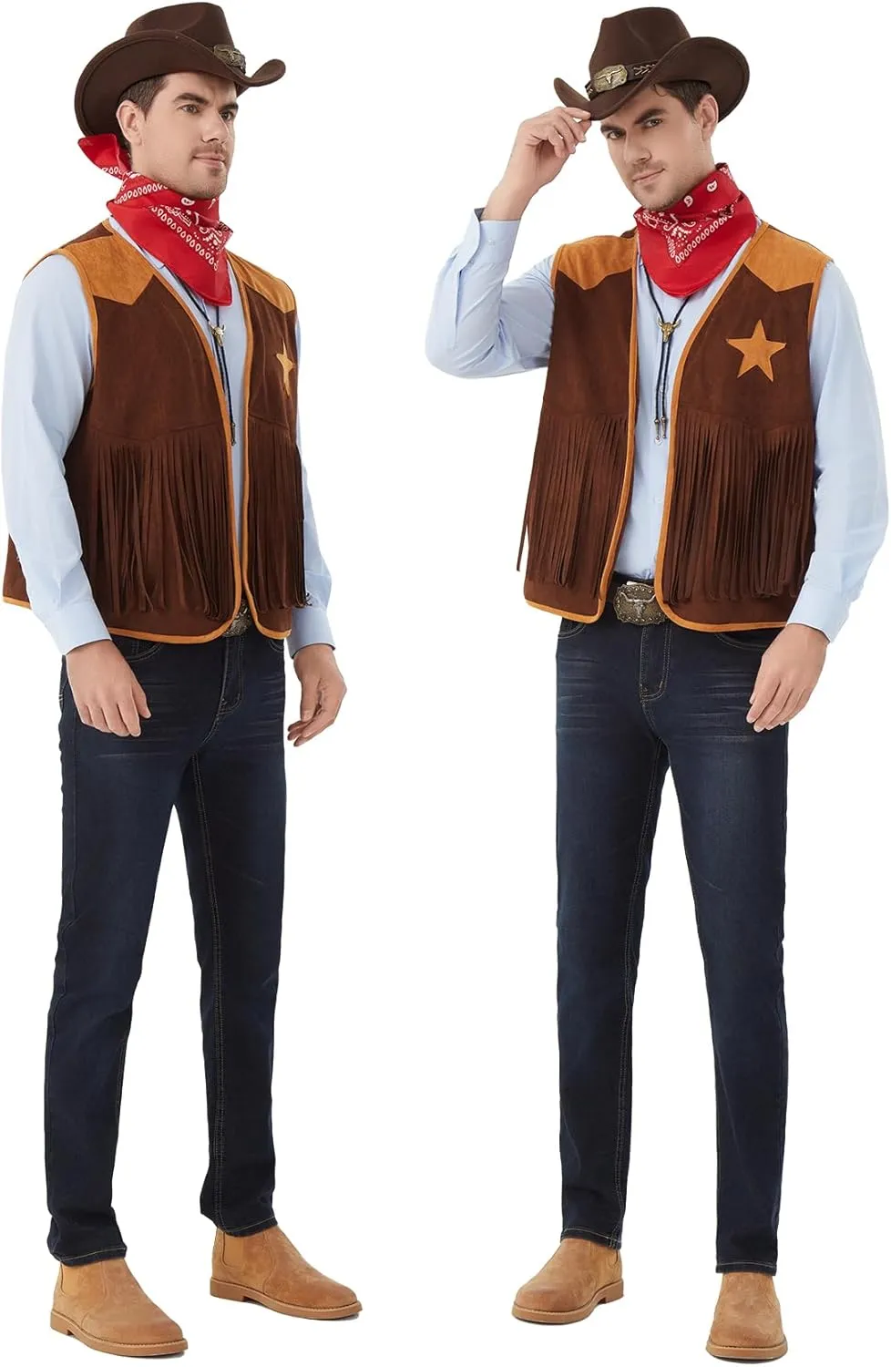 5 Pcs Cowboy Outfits for Men Western Cowboy Costume Vest Hat Necktie Buckle Belt Necklace for Halloween Cosplay