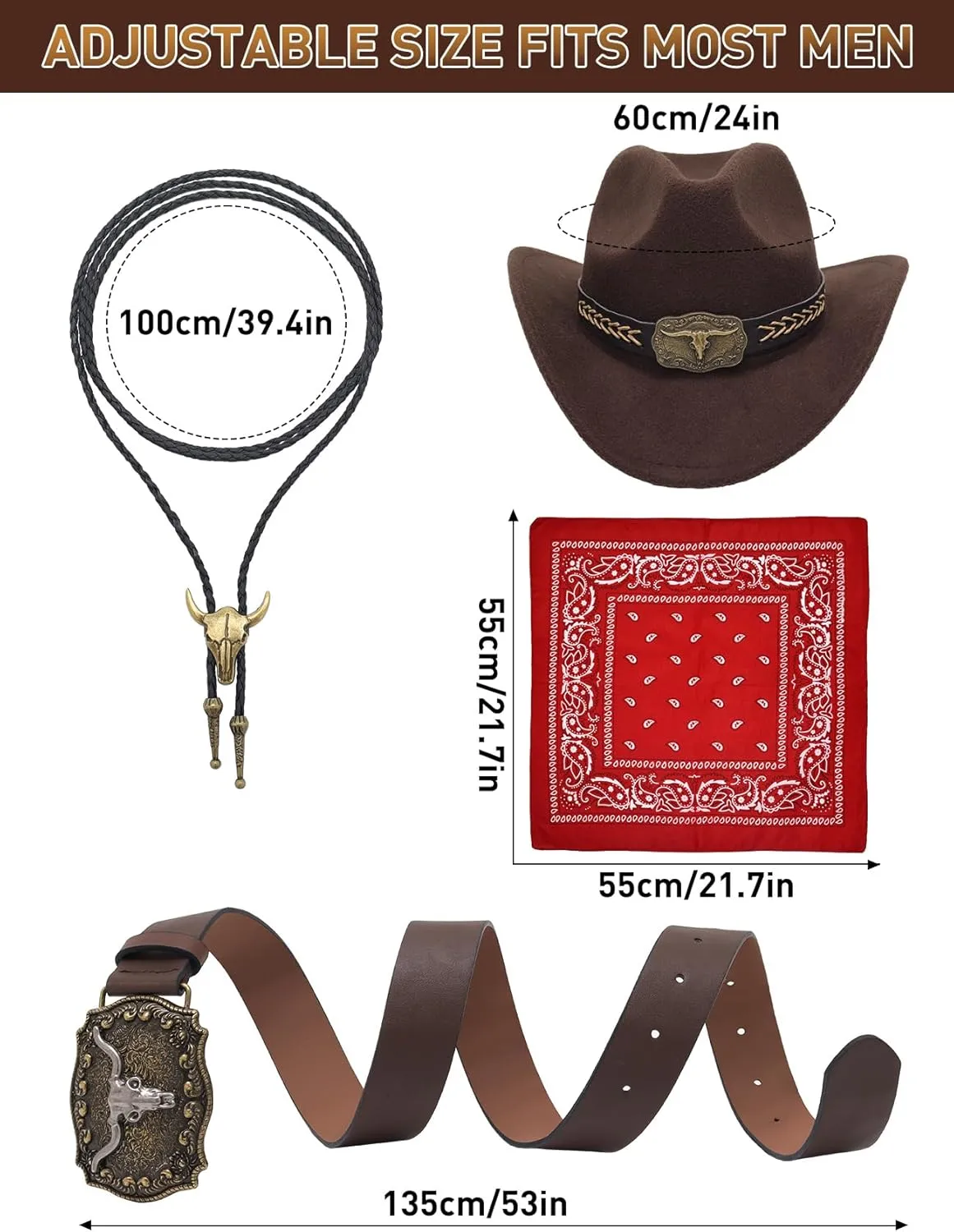 5 Pcs Cowboy Outfits for Men Western Cowboy Costume Vest Hat Necktie Buckle Belt Necklace for Halloween Cosplay