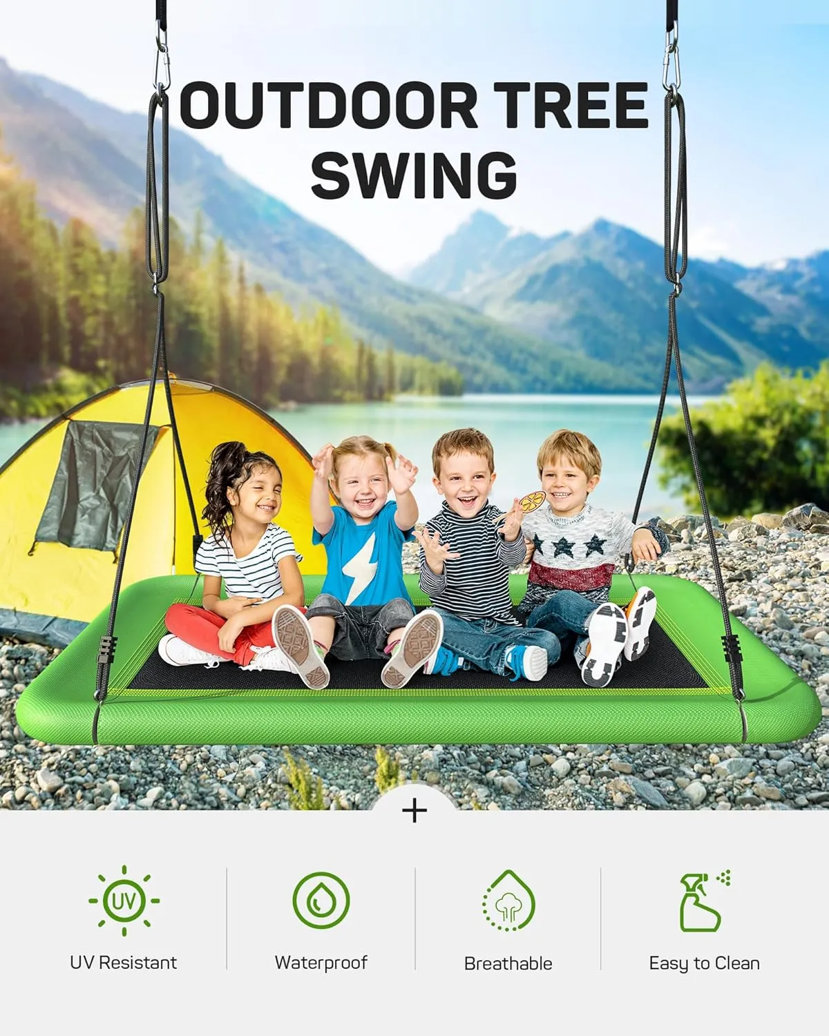 60" Tree Swing for Kids and Adults, 700lbs Capacity, Waterproof Rectangle Platform Swing with Adjustable Straps for Outdoor & Indoor Use - Green