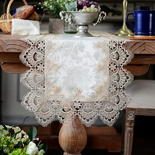 ARTABLE Lace Table Runner Macrame Farmhouse Boho Christmas Rustic Embroidered Dresser Scarf Oblong for Wedding Shower Kitchen Outdoor Party Decor (Light Brown, 16 x 35 Inch)