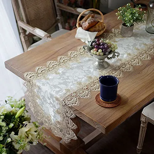 ARTABLE Lace Table Runner Macrame Farmhouse Boho Christmas Rustic Embroidered Dresser Scarf Oblong for Wedding Shower Kitchen Outdoor Party Decor (Light Brown, 16 x 35 Inch)