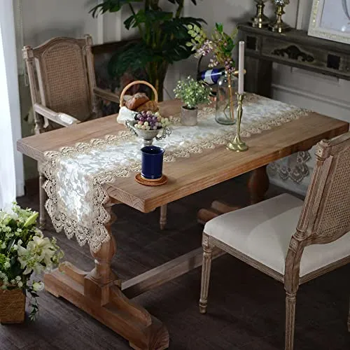 ARTABLE Lace Table Runner Macrame Farmhouse Boho Christmas Rustic Embroidered Dresser Scarf Oblong for Wedding Shower Kitchen Outdoor Party Decor (Light Brown, 16 x 35 Inch)