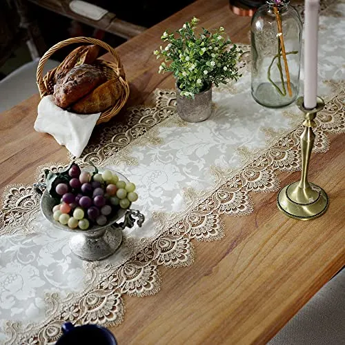 ARTABLE Lace Table Runner Macrame Farmhouse Boho Christmas Rustic Embroidered Dresser Scarf Oblong for Wedding Shower Kitchen Outdoor Party Decor (Light Brown, 16 x 35 Inch)