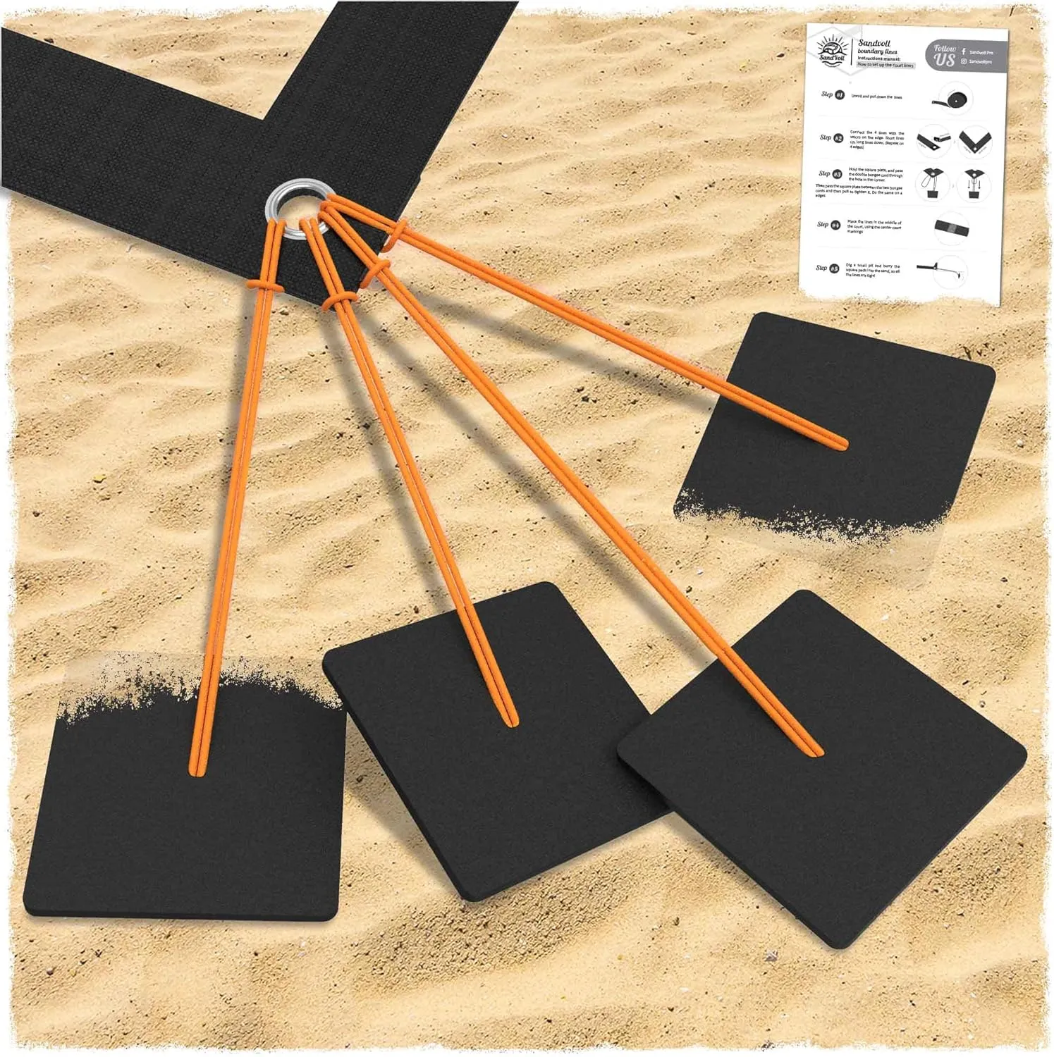 Beach Volleyball Sand Anchors - XLarge 6x6 inch Heavy Duty Plastic Boards   Elastic Thick Cord. Fits All Beach Volleyball Boundary Lines. 4 Pack (Lines not Included)