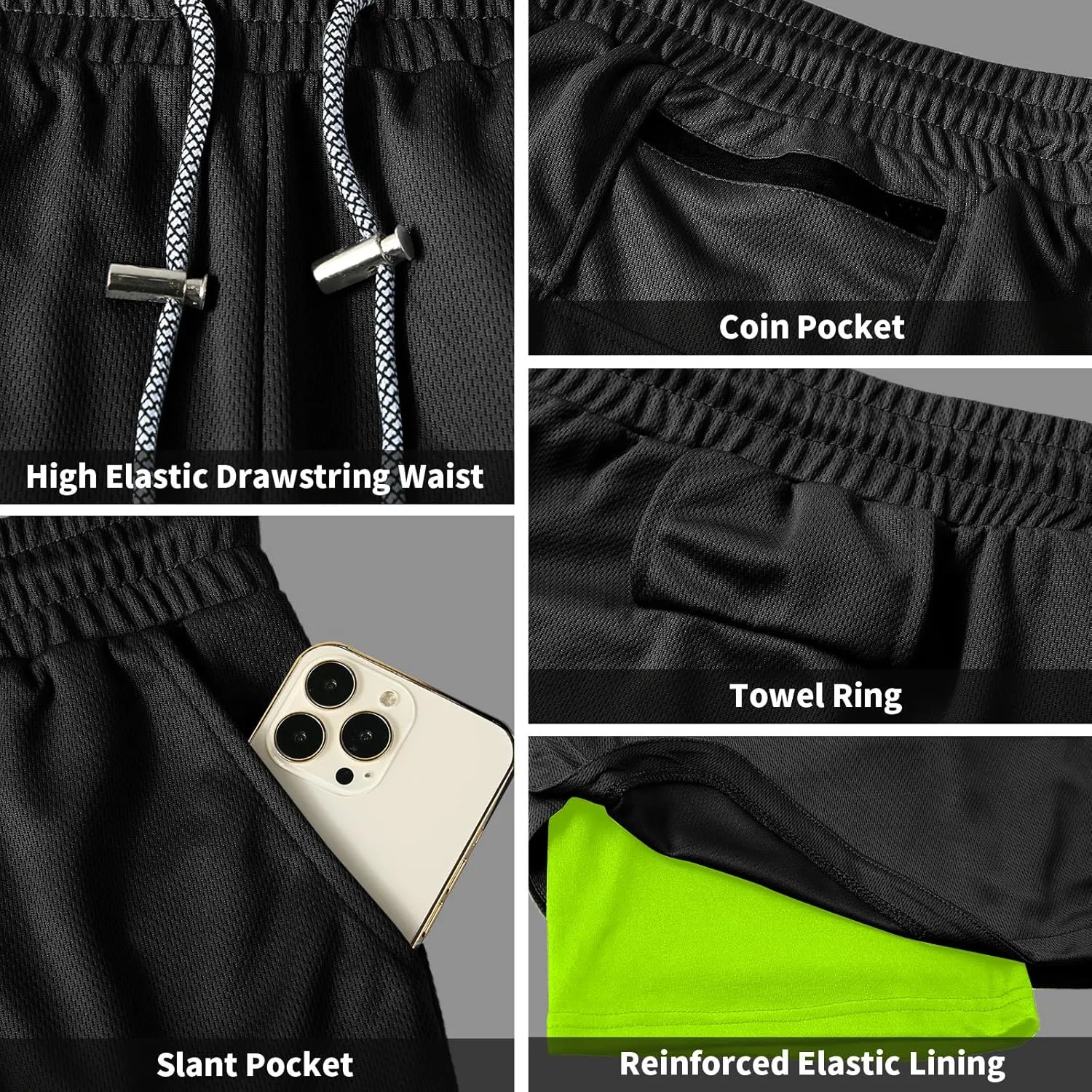 candyfouse Men's 2 in 1 Running Shorts, Quick Dry Workout Shorts with Liner, Athletic Shorts with Zip Pockets and Towel Loop