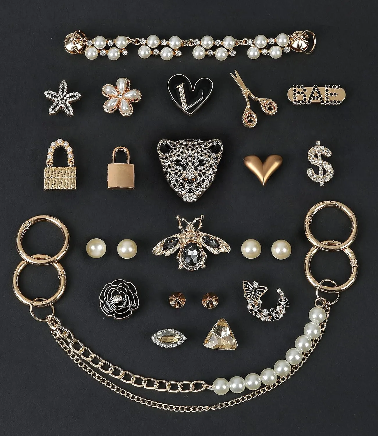Chic Bling Shoe Charms Gold and Sliver Designer Jewels Pretty Cute Chains Decorations Accessories for Women Girl Adults