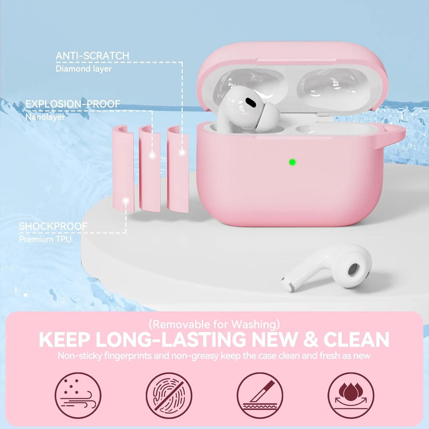 for AirPods Pro Case, Soft Silicone Case Cover Compatible with Airpods Pro 2nd/1st Generation for Women Girly, with Cleaning Kit & Keychain, Anti-Scratch, Shockproof (Pink)
