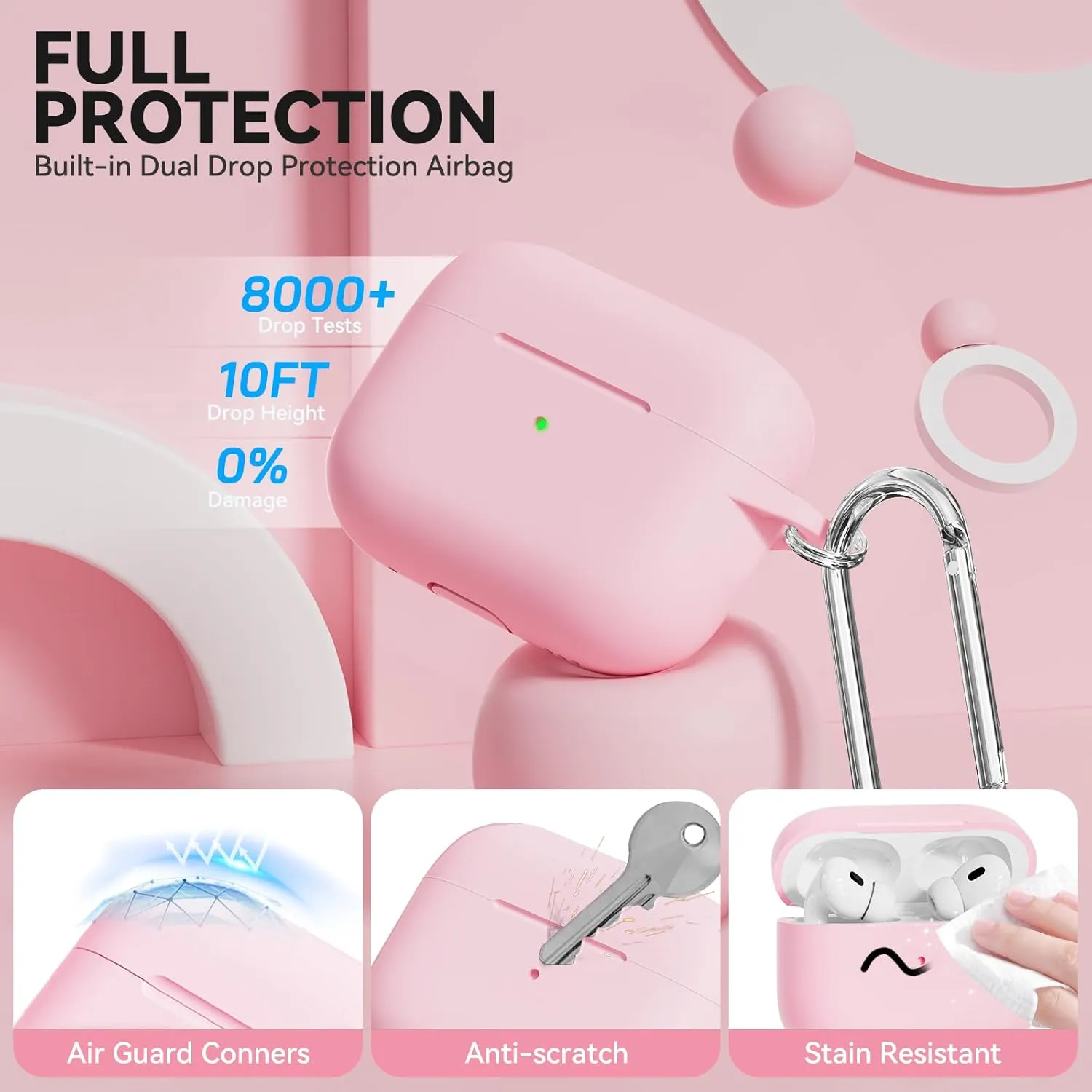 for AirPods Pro Case, Soft Silicone Case Cover Compatible with Airpods Pro 2nd/1st Generation for Women Girly, with Cleaning Kit & Keychain, Anti-Scratch, Shockproof (Pink)