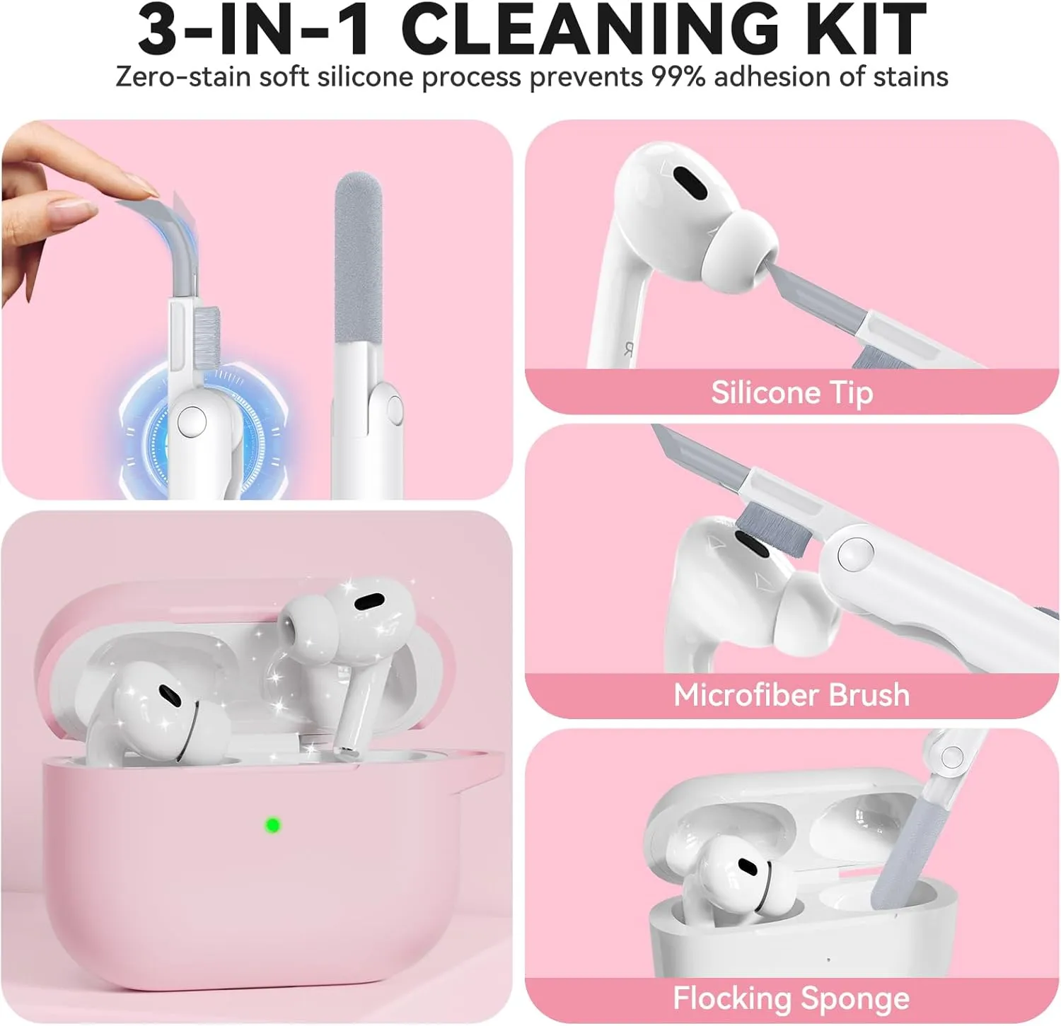 for AirPods Pro Case, Soft Silicone Case Cover Compatible with Airpods Pro 2nd/1st Generation for Women Girly, with Cleaning Kit & Keychain, Anti-Scratch, Shockproof (Pink)