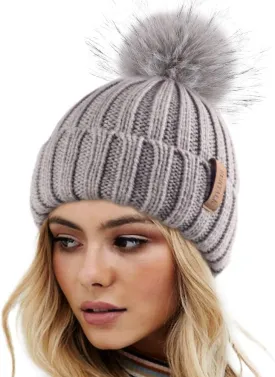 FURTALK Womens Winter Knitted Beanie Hat with Faux Fur Pom Warm Knit Skull Cap Beanie for Women