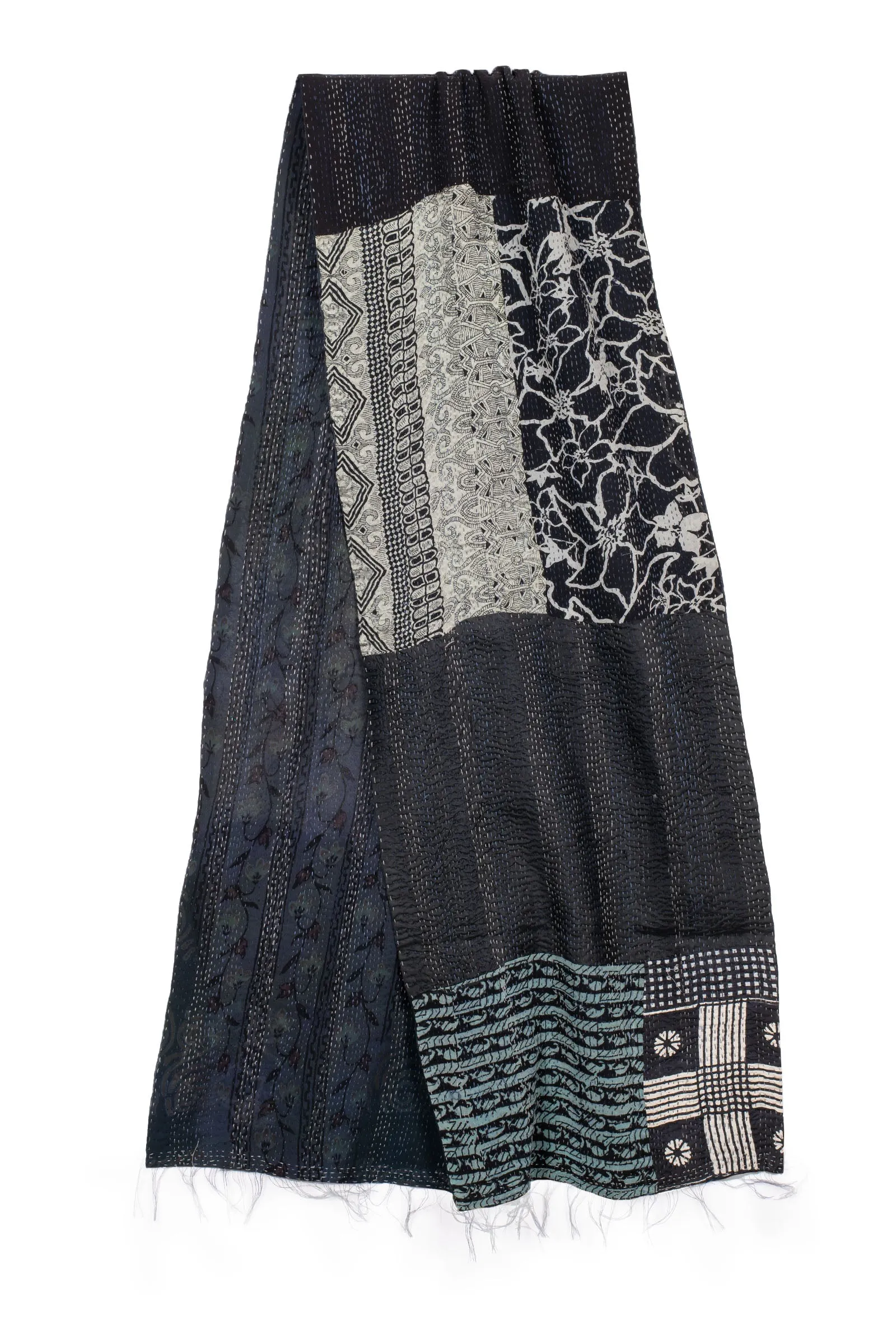 GEORGETTE VINTAGE SILK PATCH KANTHA SCARF SHORT - gs2805-blk -