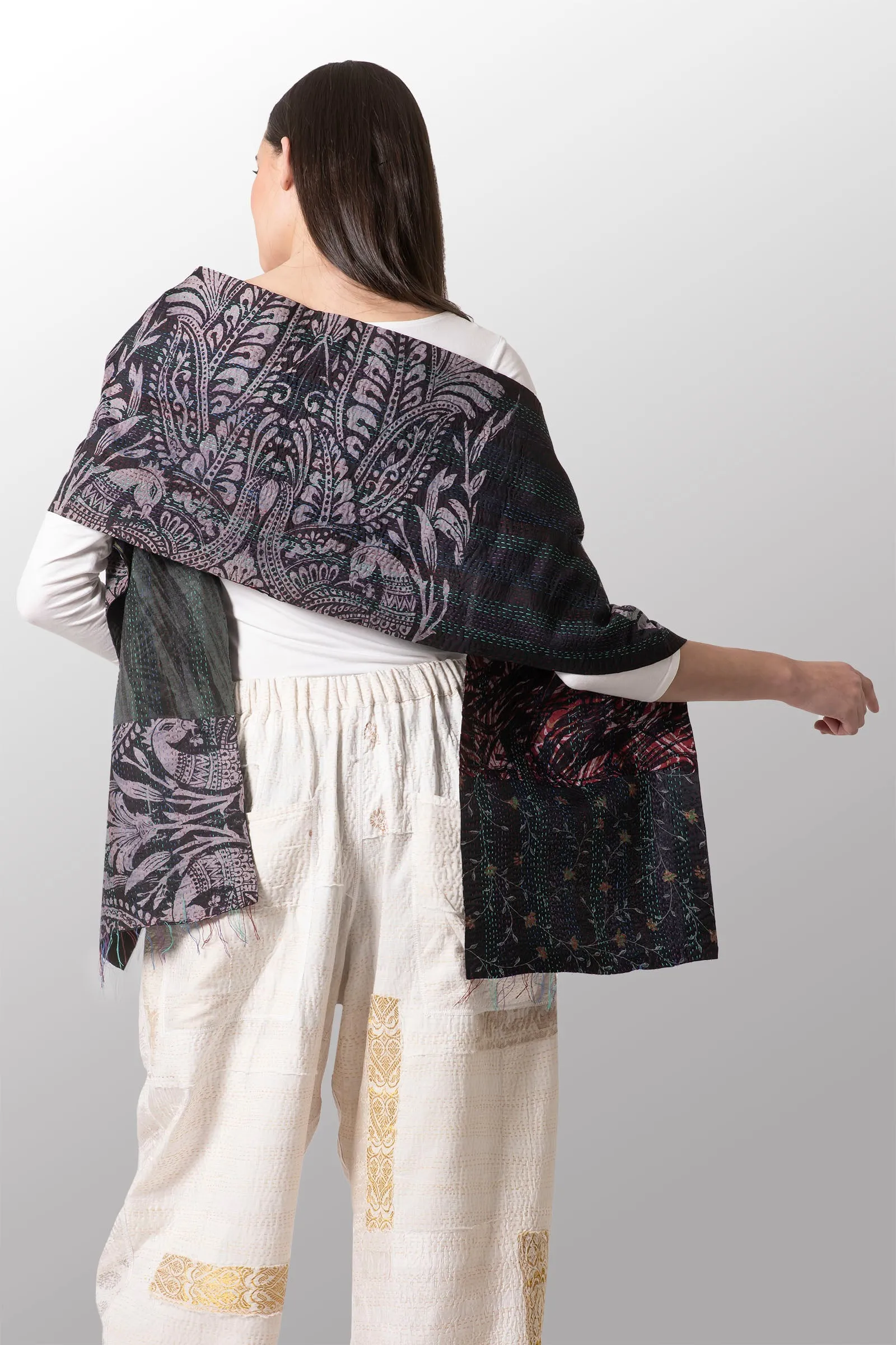 GEORGETTE VINTAGE SILK PATCH KANTHA SCARF SHORT - gs2805-blk -