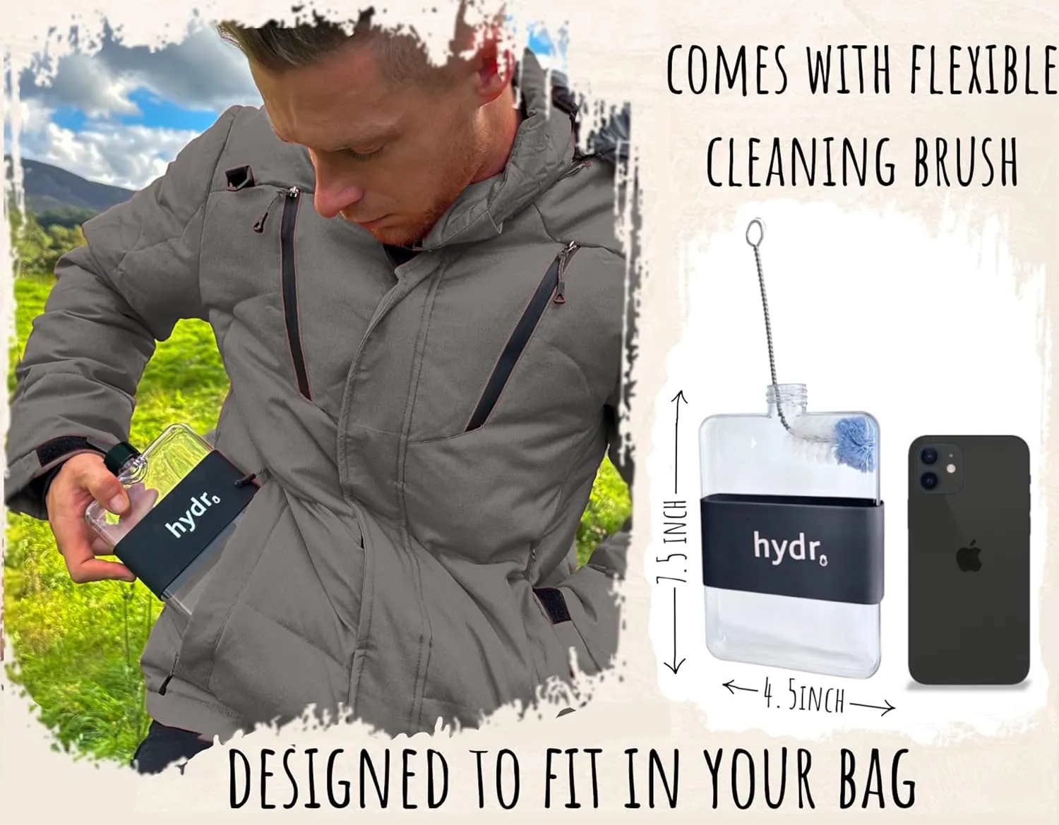 hydr | 15oz Flat Water Bottle For Purse & Flexible Cleaning Brush | BPA Free Square Water Bottle | Leak/Drop Proof Slim Water Bottles For Travel, small water bottle (Black)