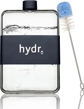 hydr | 15oz Flat Water Bottle For Purse & Flexible Cleaning Brush | BPA Free Square Water Bottle | Leak/Drop Proof Slim Water Bottles For Travel, small water bottle (Black)