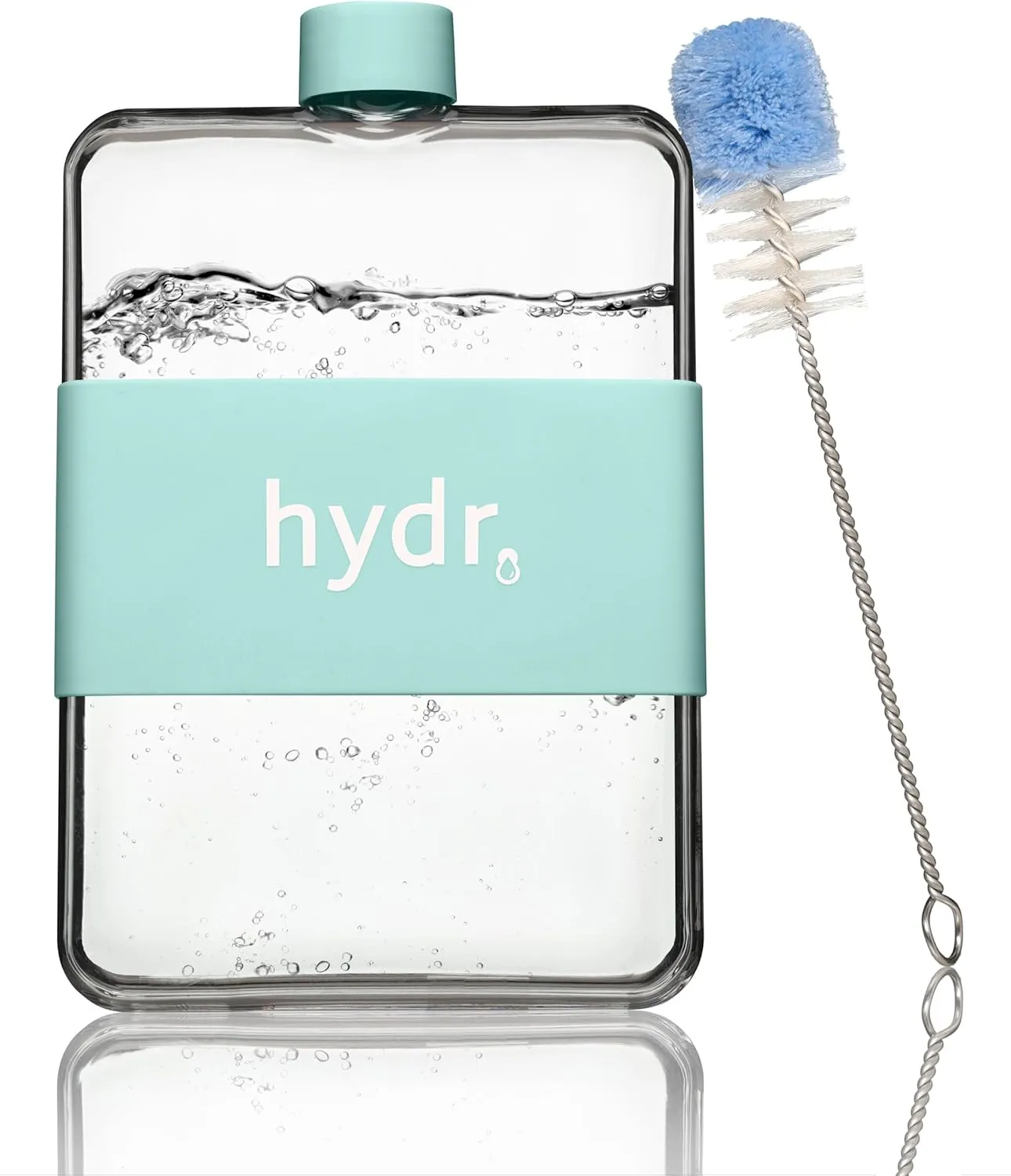 hydr | 15oz Flat Water Bottle For Purse & Flexible Cleaning Brush | BPA Free Square Water Bottle | Leak/Drop Proof Slim Water Bottles For Travel, small water bottle (Lake blue)