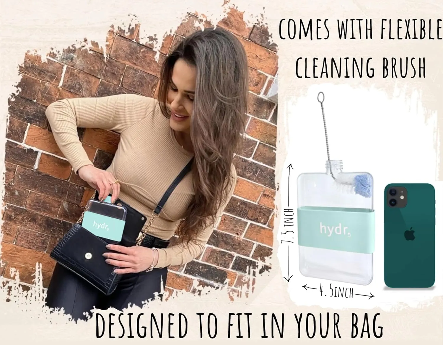 hydr | 15oz Flat Water Bottle For Purse & Flexible Cleaning Brush | BPA Free Square Water Bottle | Leak/Drop Proof Slim Water Bottles For Travel, small water bottle (Lake blue)