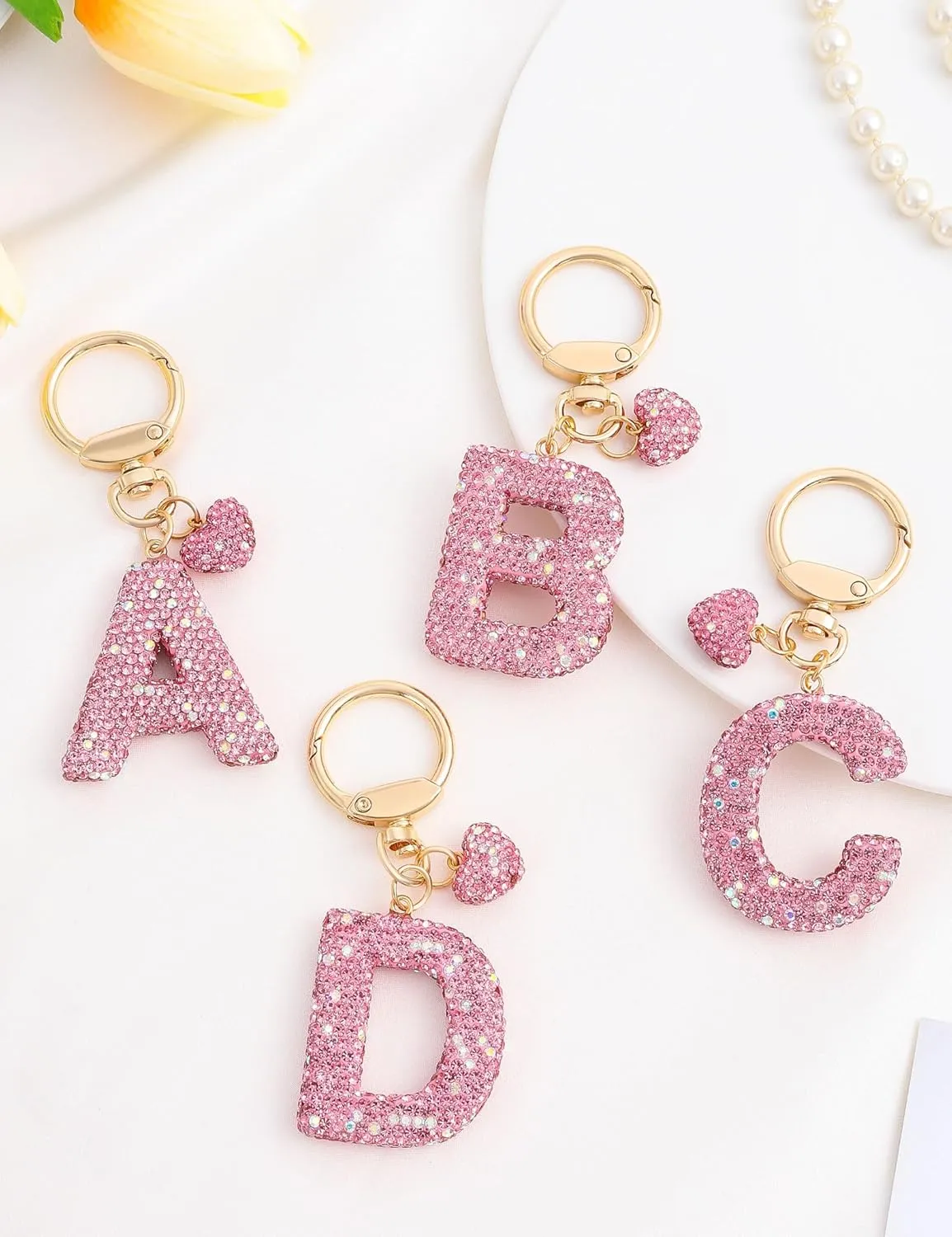 Initial Keychain for Women Girls,Bling Letter Key chain Initial with Heart,Pink Keychain Charms for Backpack Handbag
