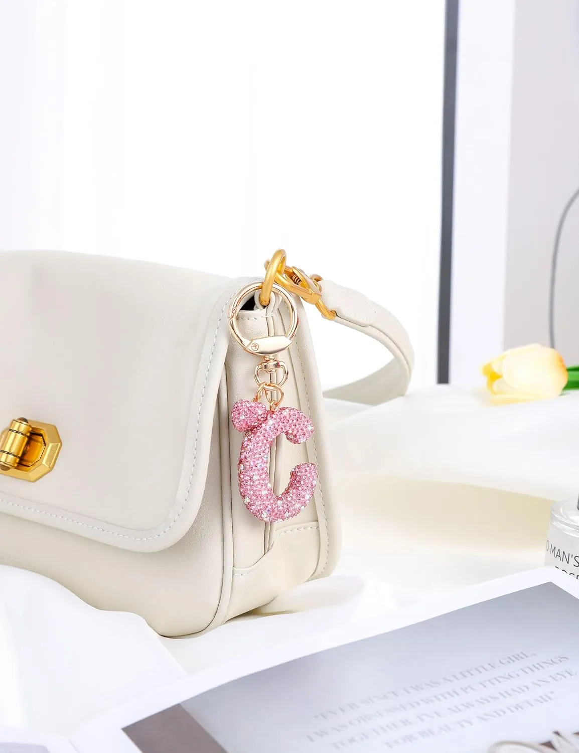 Initial Keychain for Women Girls,Bling Letter Key chain Initial with Heart,Pink Keychain Charms for Backpack Handbag
