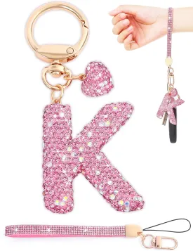 Initial Keychain for Women Girls,Bling Letter Key chain Initial with Heart,Pink Keychain Charms for Backpack Handbag
