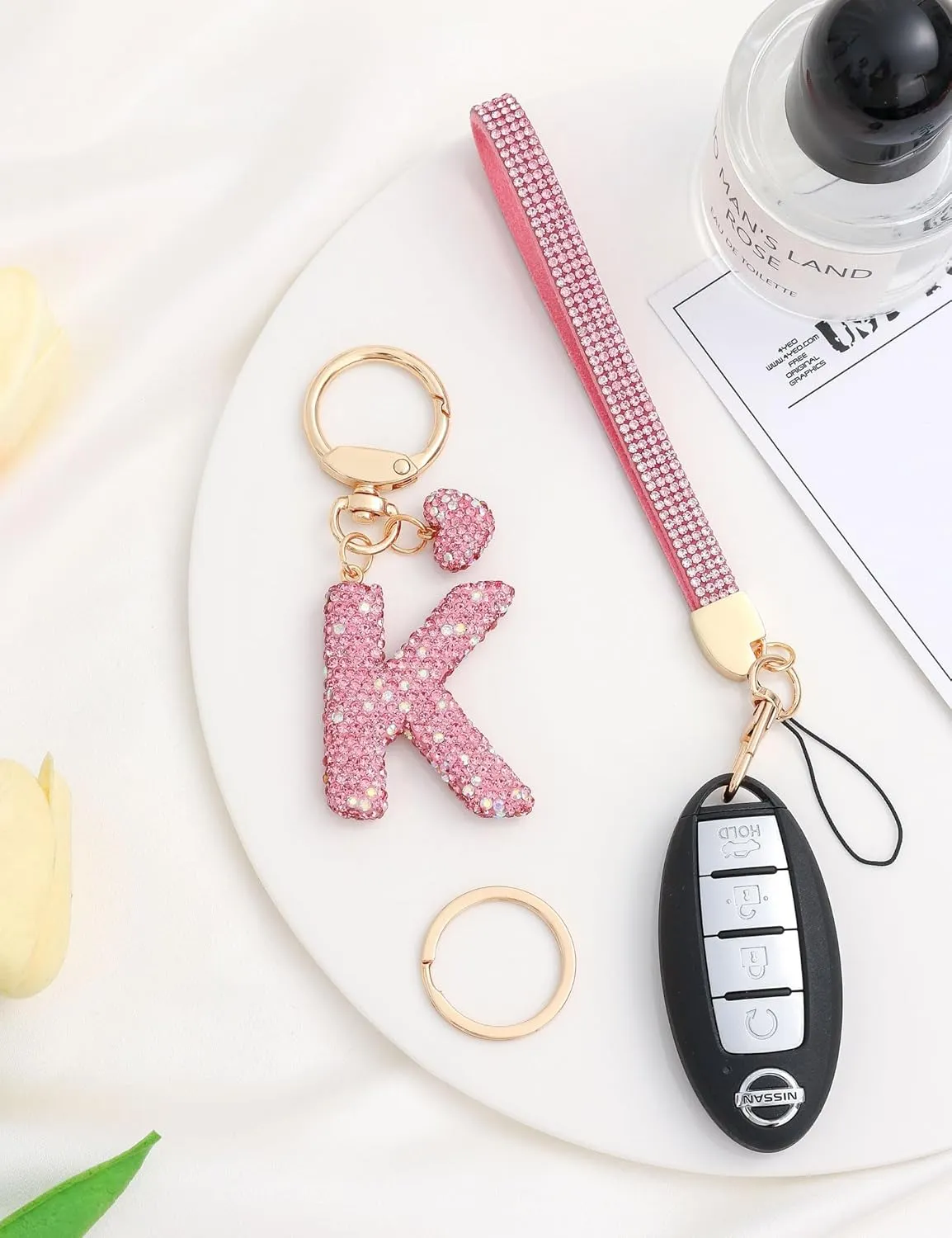 Initial Keychain for Women Girls,Bling Letter Key chain Initial with Heart,Pink Keychain Charms for Backpack Handbag