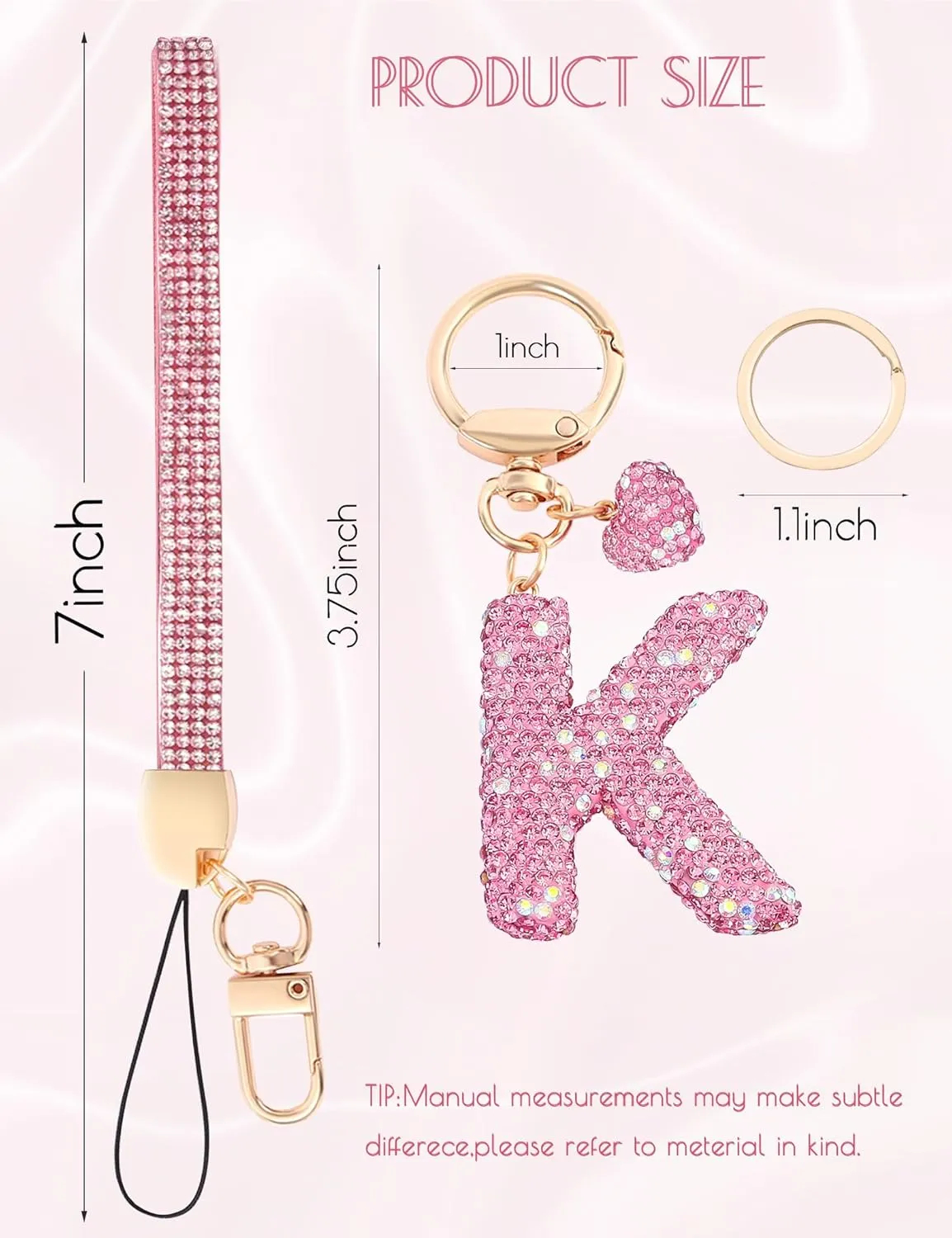 Initial Keychain for Women Girls,Bling Letter Key chain Initial with Heart,Pink Keychain Charms for Backpack Handbag