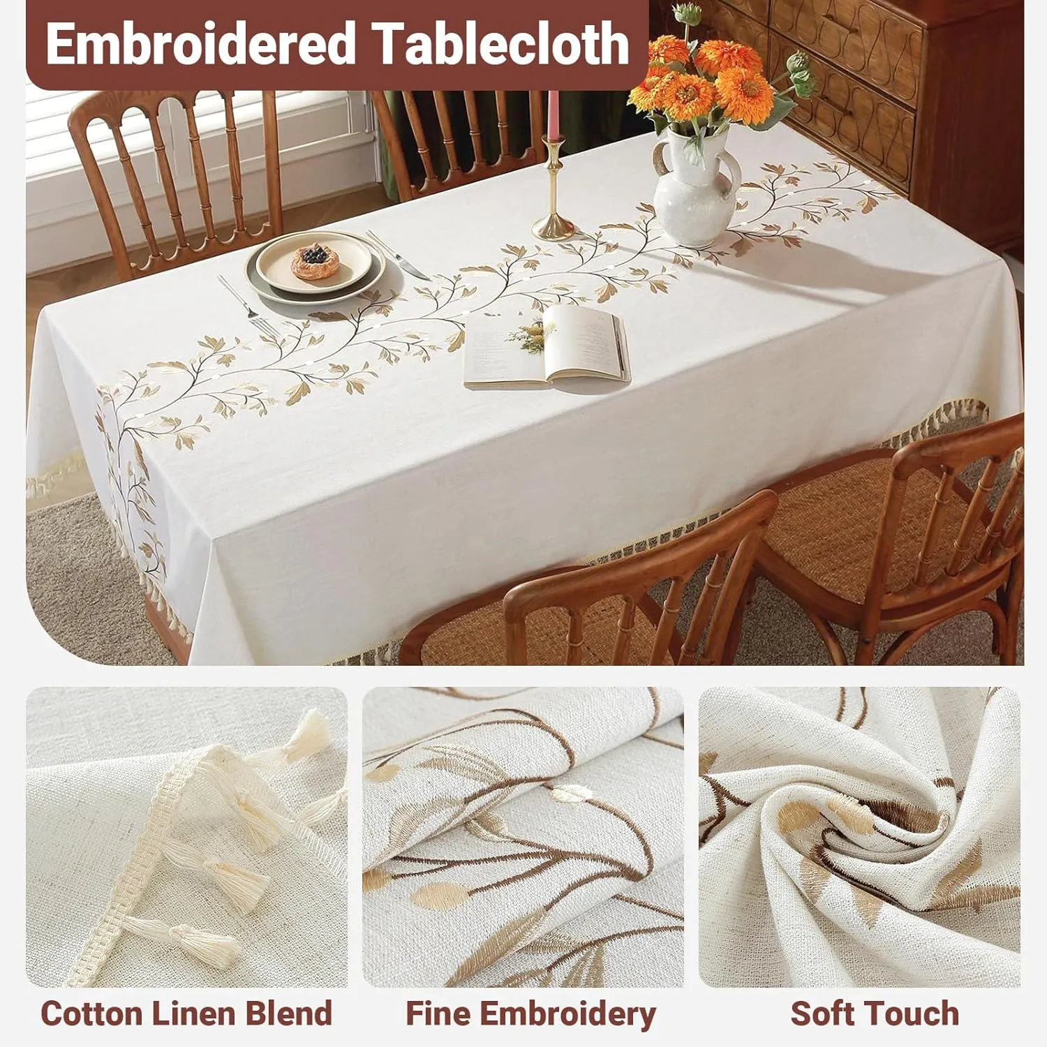 Laolitou Cotton Linen Waterproof Tablecloth for Dining Table Farmhouse Kitchen Rectangle Table Cloth Coffee Wrinkle Free Tables Cover, Beige, Coffee Flower, 55x55 Inch