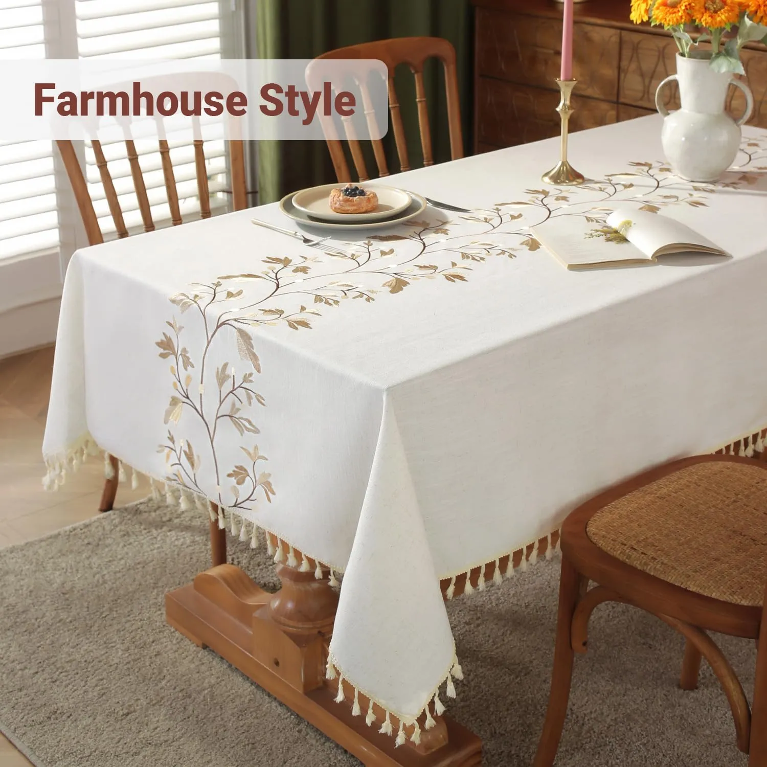 Laolitou Cotton Linen Waterproof Tablecloth for Dining Table Farmhouse Kitchen Rectangle Table Cloth Coffee Wrinkle Free Tables Cover, Beige, Coffee Flower, 55x55 Inch