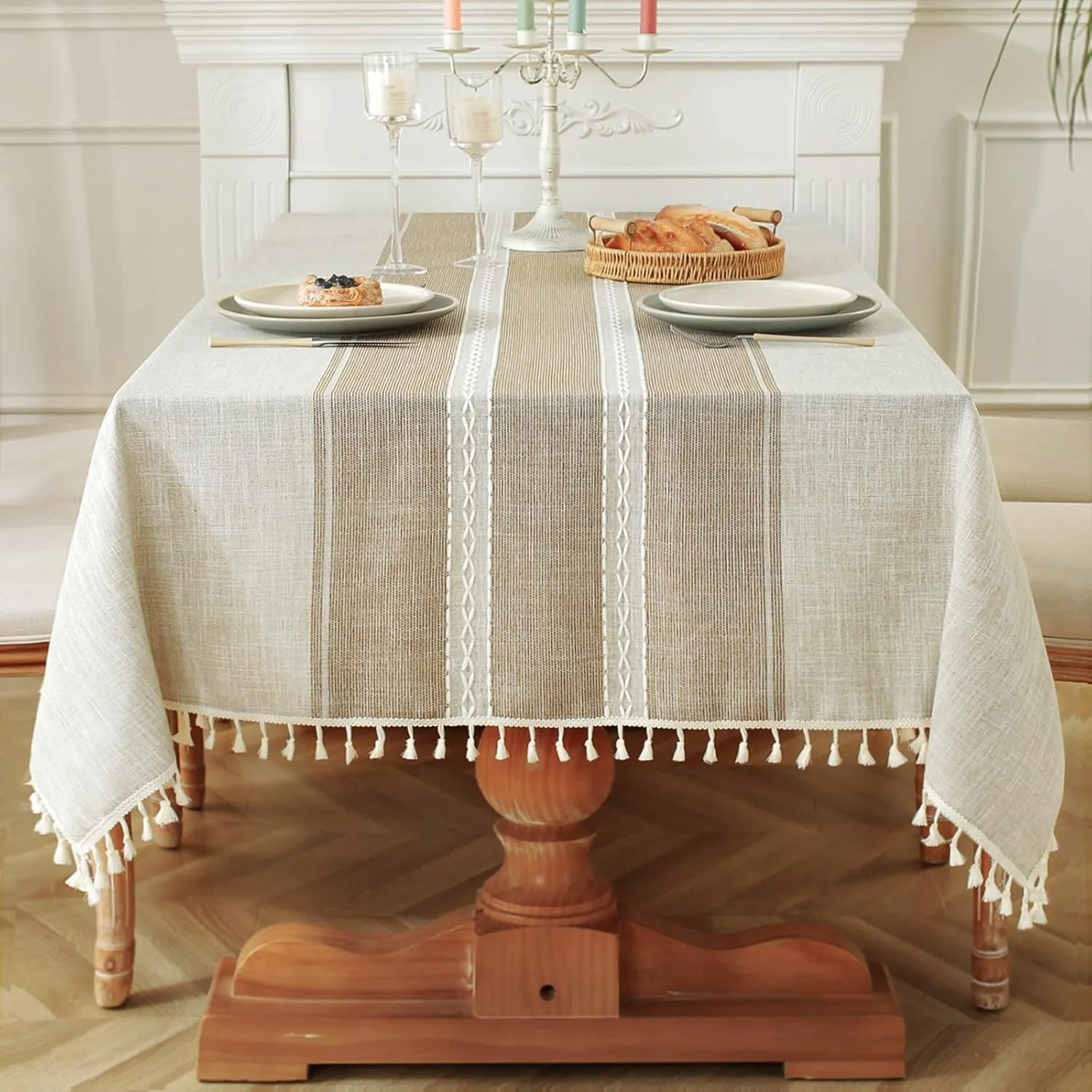 Laolitou Cotton Linen Waterproof Tablecloth for Dining Table Rustic Farmhouse Kitchen Rectangle Table Cloth Coffee Tables Cover, Coffee Lines, 55x55 Inch