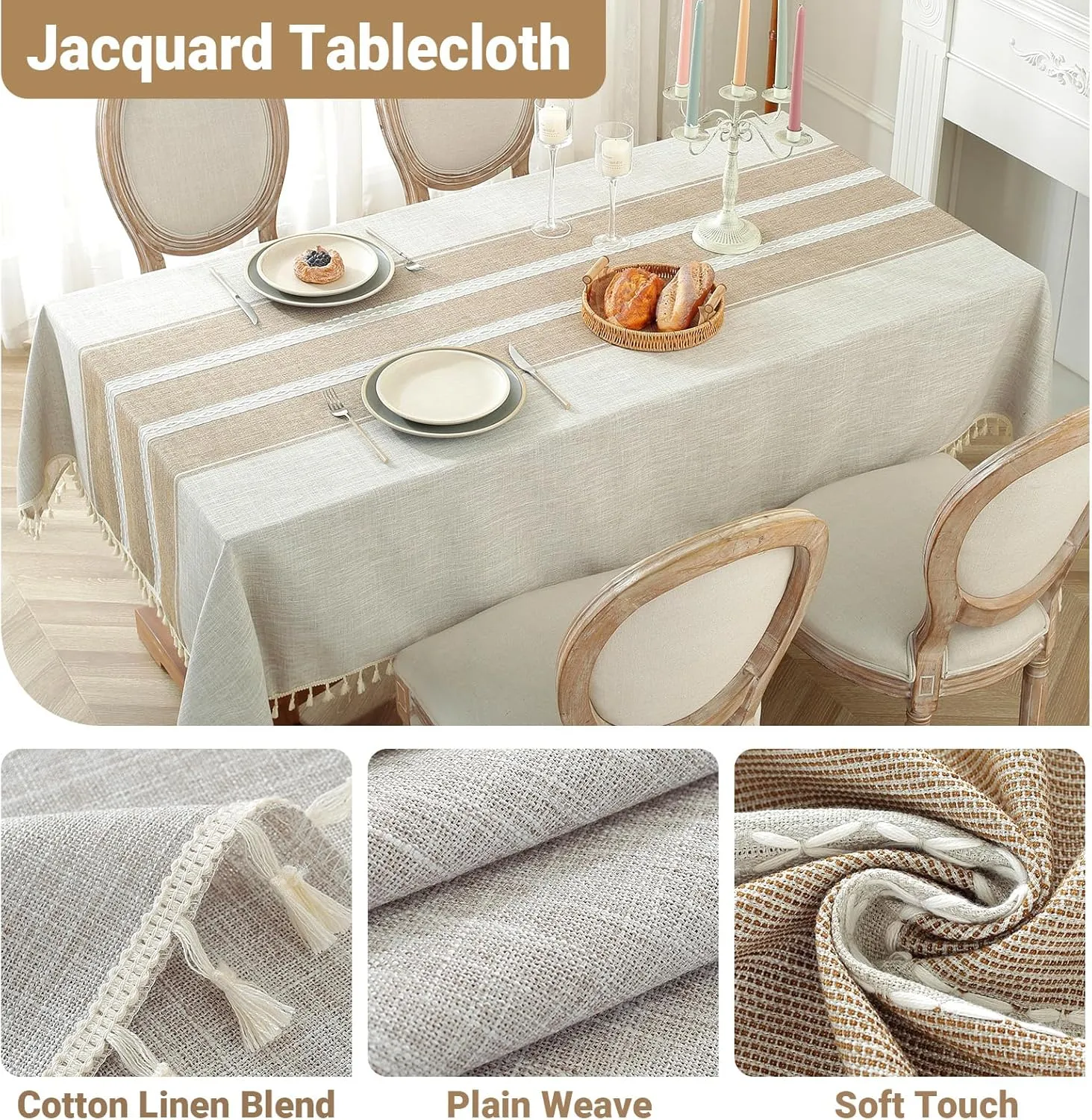 Laolitou Cotton Linen Waterproof Tablecloth for Dining Table Rustic Farmhouse Kitchen Rectangle Table Cloth Coffee Tables Cover, Coffee Lines, 55x55 Inch