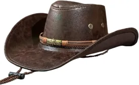 Leather Cowboy Hat for Women Men, Vintage Wide Brim Cowboy Hat with String, Western Cowgirl Hat Travel Party Costume