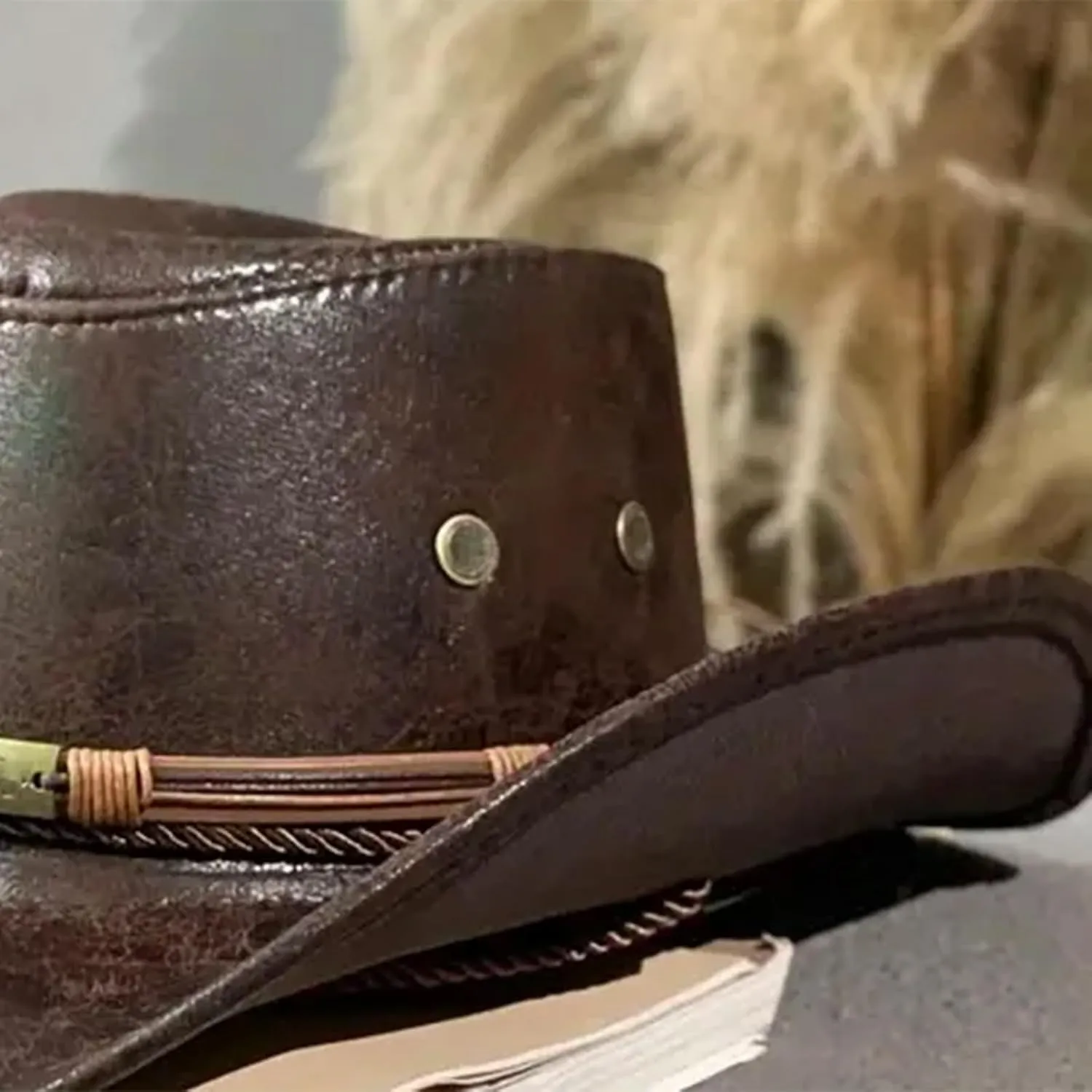 Leather Cowboy Hat for Women Men, Vintage Wide Brim Cowboy Hat with String, Western Cowgirl Hat Travel Party Costume