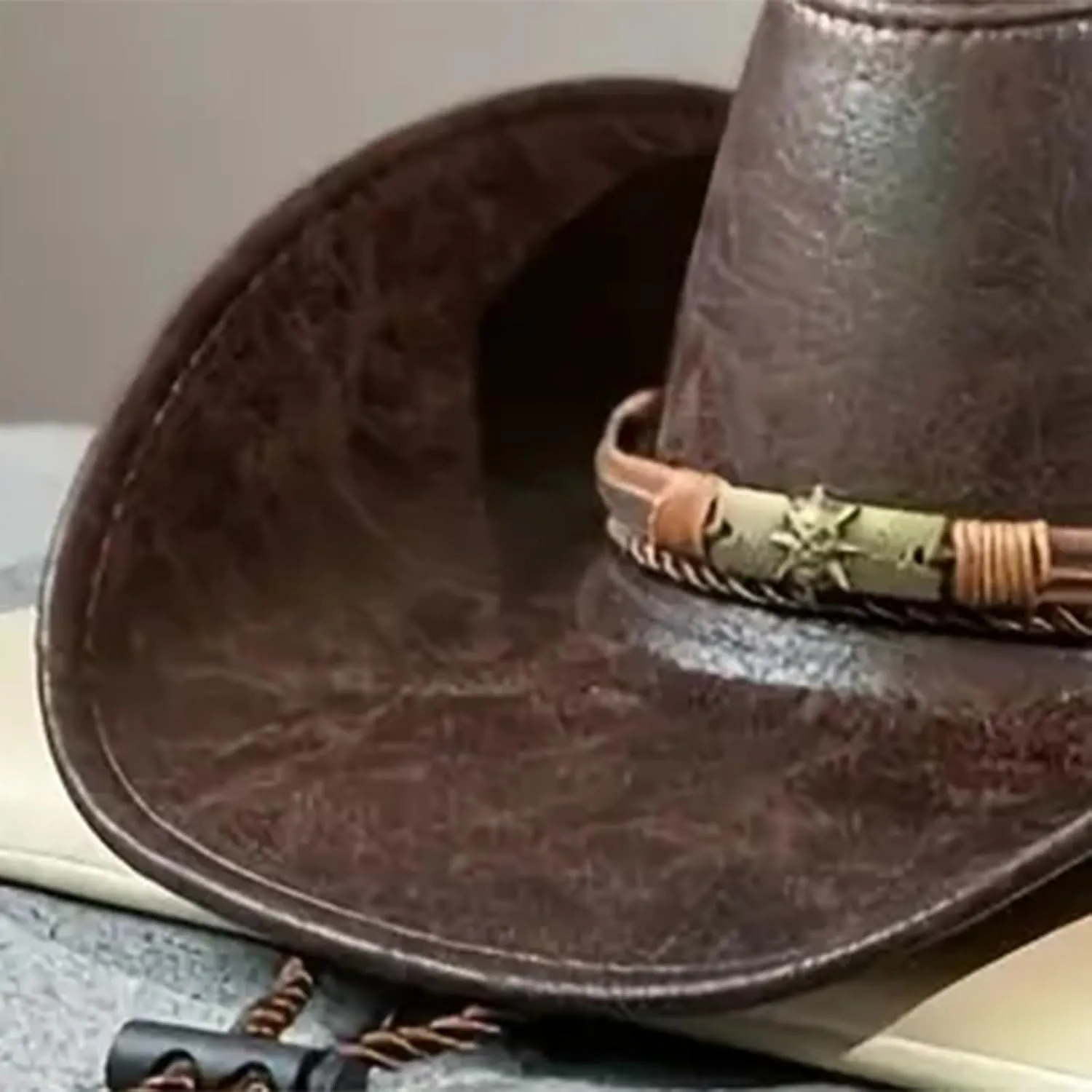 Leather Cowboy Hat for Women Men, Vintage Wide Brim Cowboy Hat with String, Western Cowgirl Hat Travel Party Costume