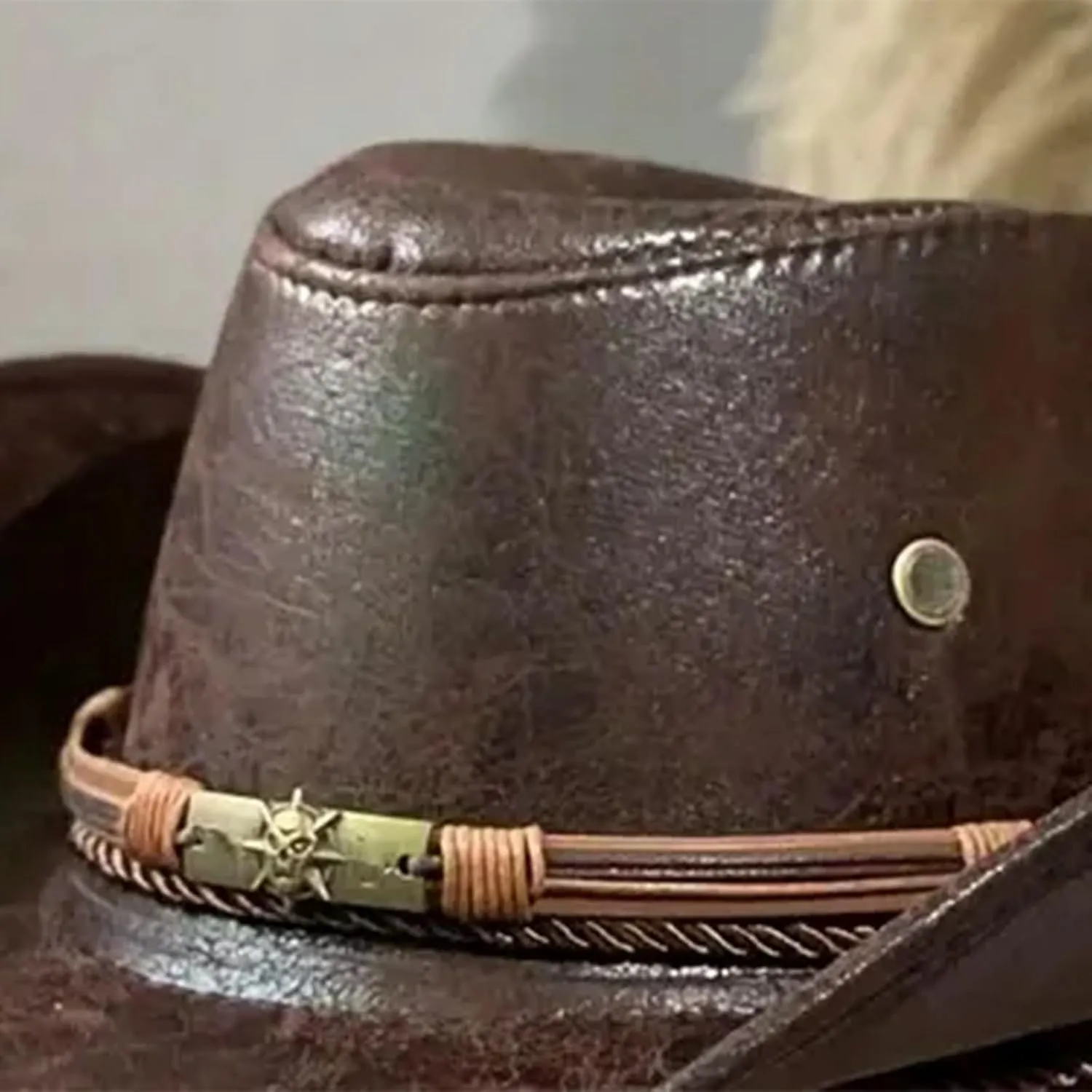 Leather Cowboy Hat for Women Men, Vintage Wide Brim Cowboy Hat with String, Western Cowgirl Hat Travel Party Costume
