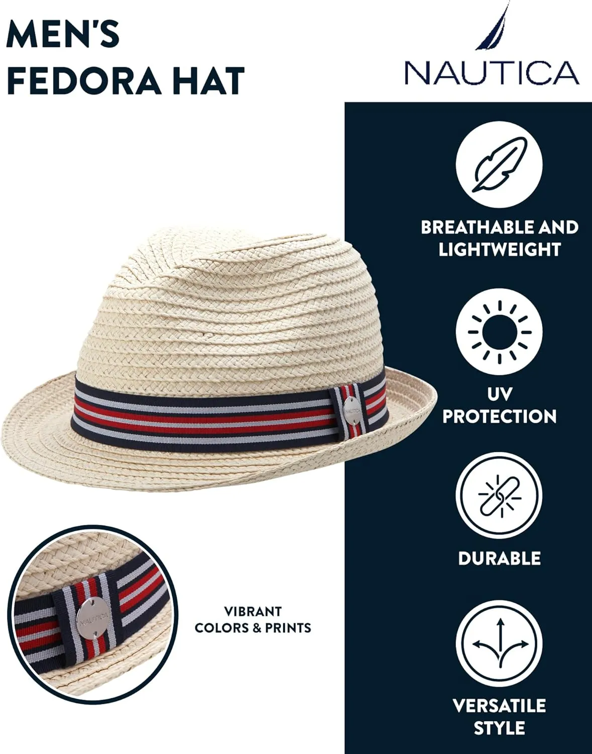 Nautica Men's Fedora Hat - Classic Brim Straw Sun Hat with UV Protection and Decorative Band for Outdoor Adventures