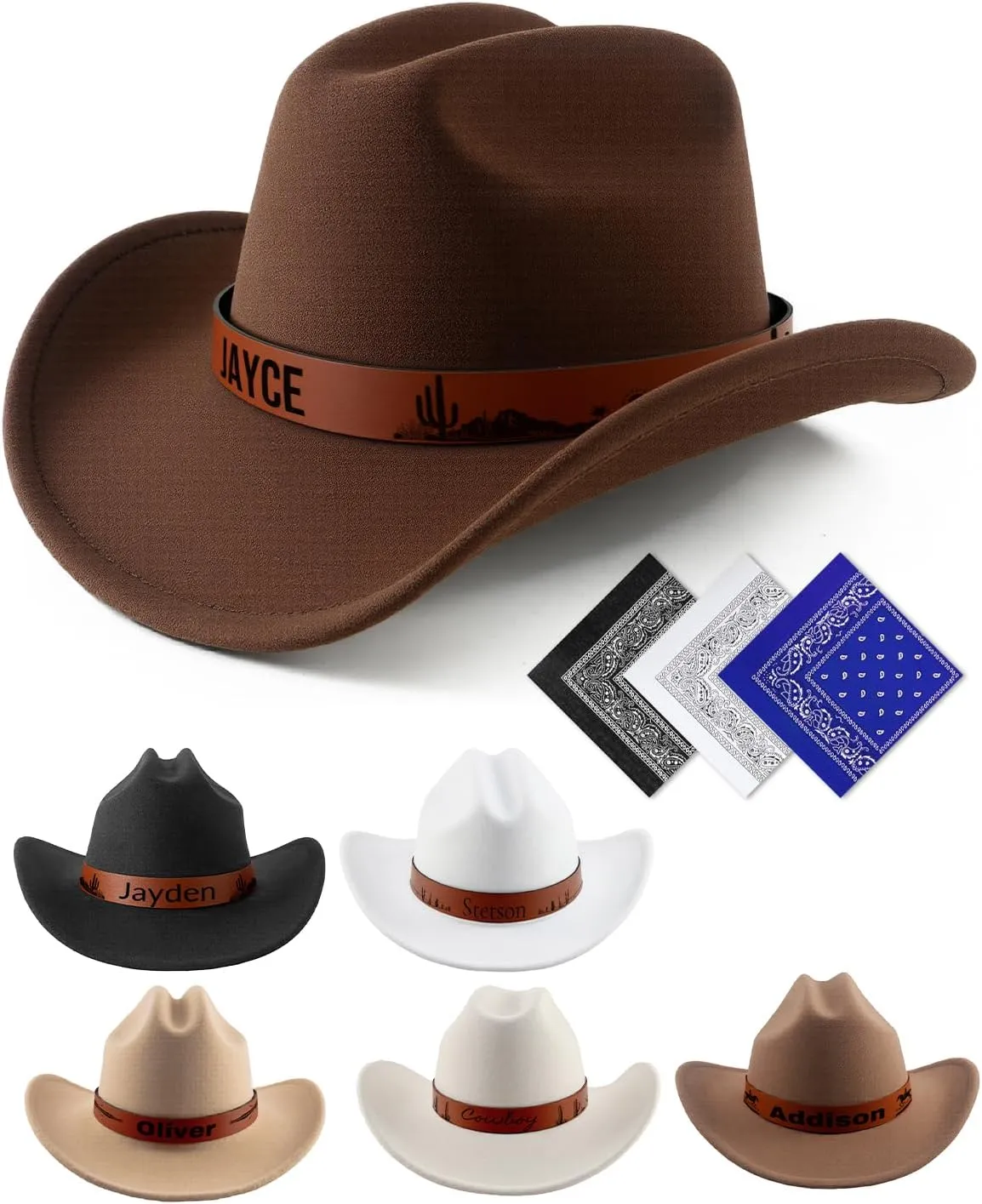 SeptCity Custom Kids Cowboy Hat and Bandana for Age 5-8, Personalized Leather Patch Cowgirl Hat for Boys and Girls