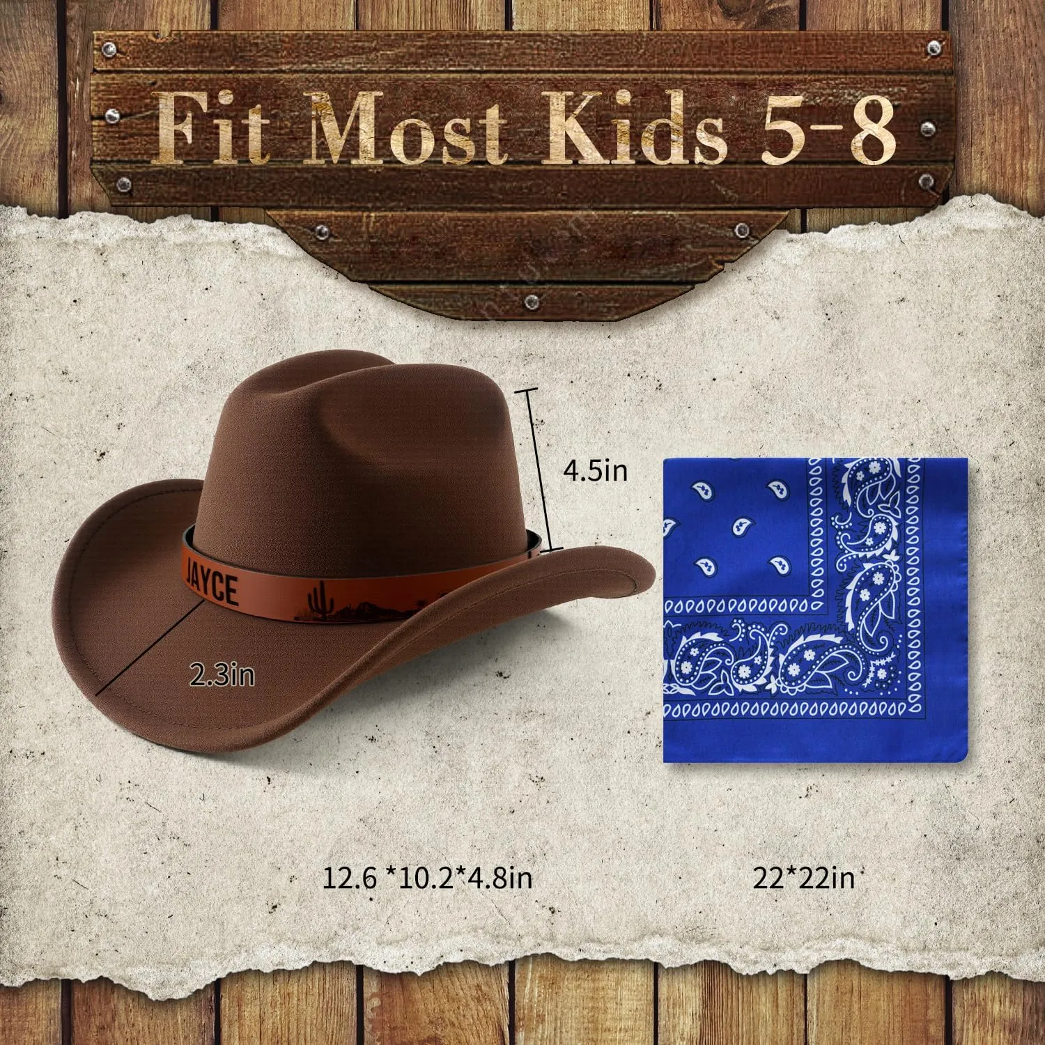 SeptCity Custom Kids Cowboy Hat and Bandana for Age 5-8, Personalized Leather Patch Cowgirl Hat for Boys and Girls