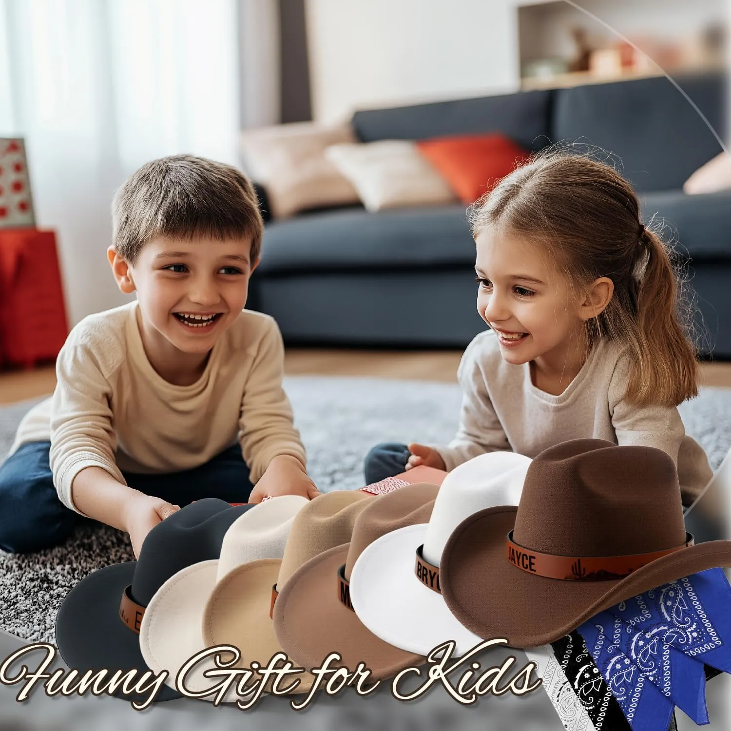 SeptCity Custom Kids Cowboy Hat and Bandana for Age 5-8, Personalized Leather Patch Cowgirl Hat for Boys and Girls