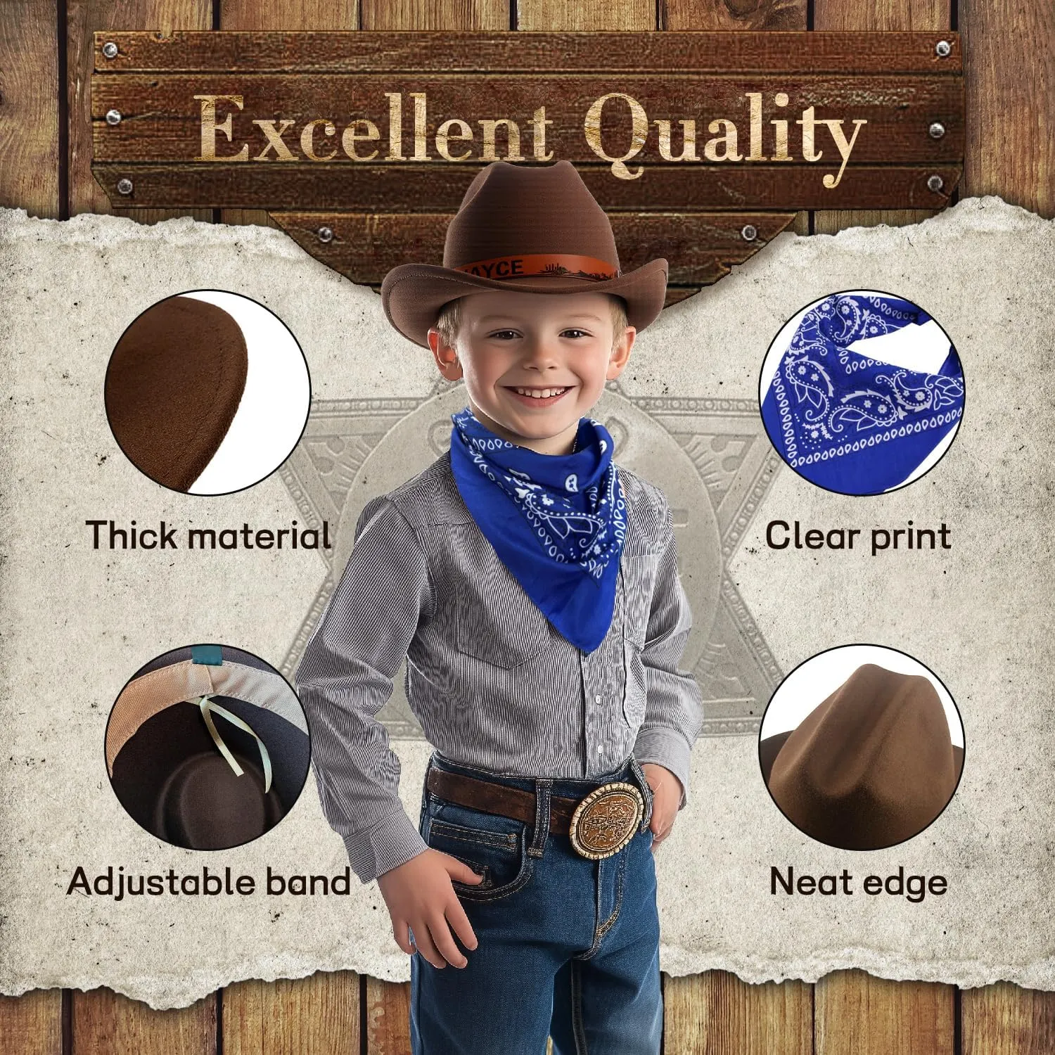 SeptCity Custom Kids Cowboy Hat and Bandana for Age 5-8, Personalized Leather Patch Cowgirl Hat for Boys and Girls