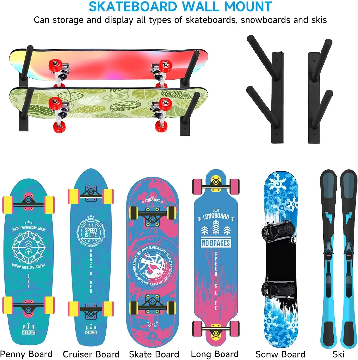 Skateboard Wall Mount, Skate Board Wall Display Holder Rack, Snowboard Ski Storage Organizer