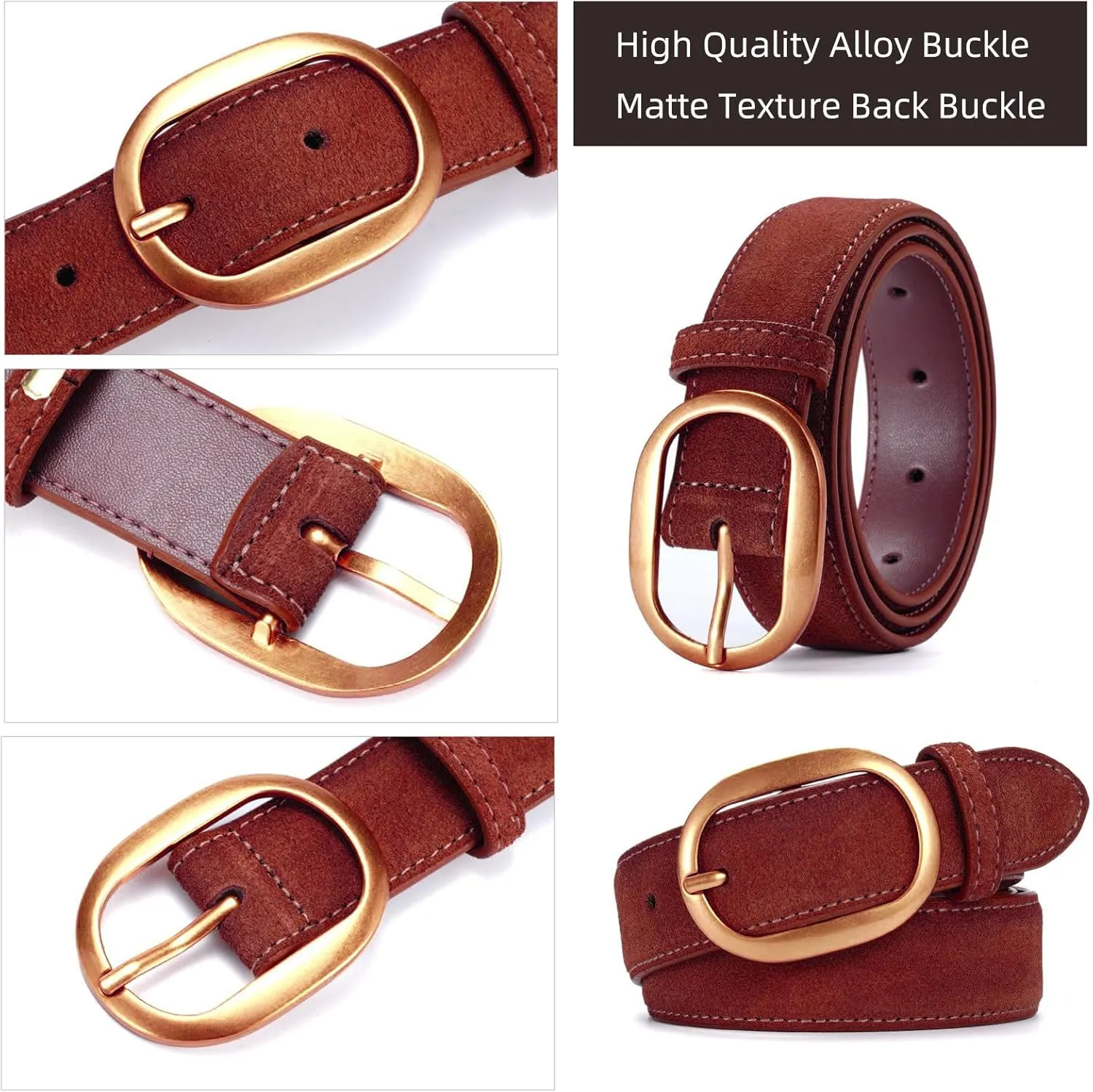 Valleycomfy Womens Leather Suede Waist Belt for Casual Dress Jeans Ladies with Gold Buckle