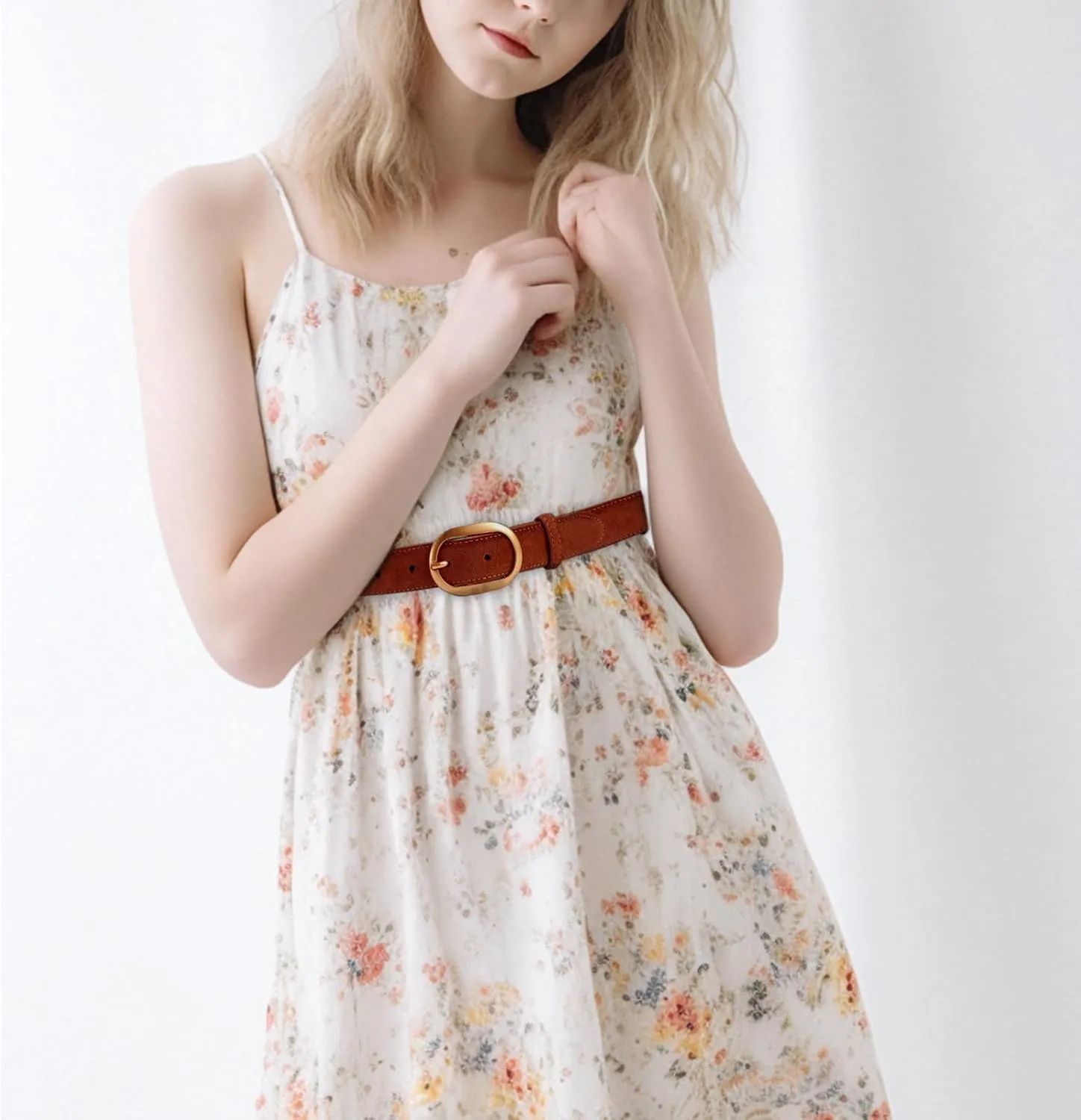 Valleycomfy Womens Leather Suede Waist Belt for Casual Dress Jeans Ladies with Gold Buckle