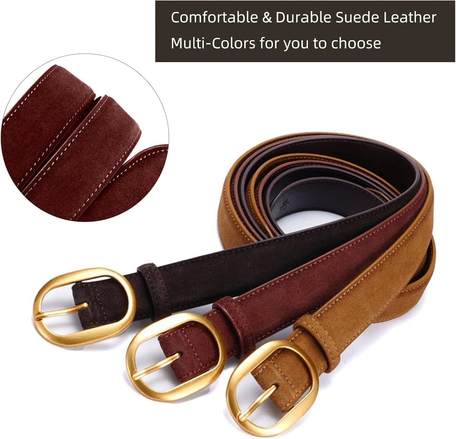 Valleycomfy Womens Leather Suede Waist Belt for Casual Dress Jeans Ladies with Gold Buckle