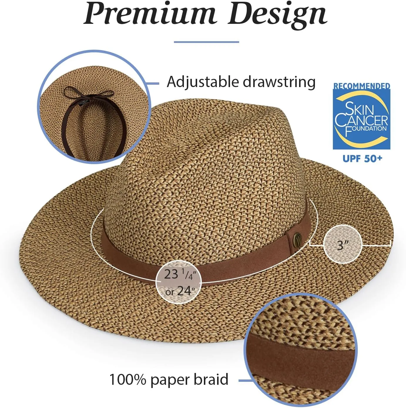 Wallaroo Hat Company Mens Outback Fedora  Lightweight Wide Brim Natural Fiber Hat, UPF 50  UV Protection, Travel Sun Hat