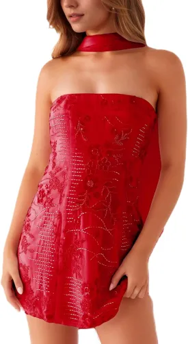 Women Sequin Sparkly Floral Tube Mini Dress with Scarf Y2k Sexy Pearl Embellished Bling Glitter Bodycon Dresses