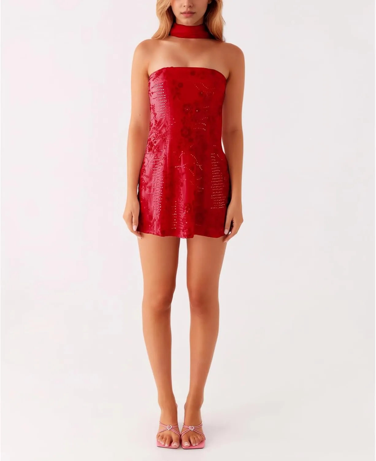 Women Sequin Sparkly Floral Tube Mini Dress with Scarf Y2k Sexy Pearl Embellished Bling Glitter Bodycon Dresses
