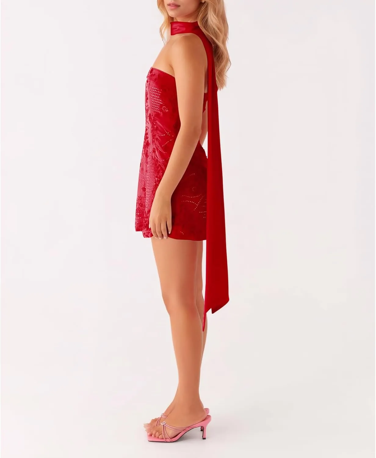 Women Sequin Sparkly Floral Tube Mini Dress with Scarf Y2k Sexy Pearl Embellished Bling Glitter Bodycon Dresses